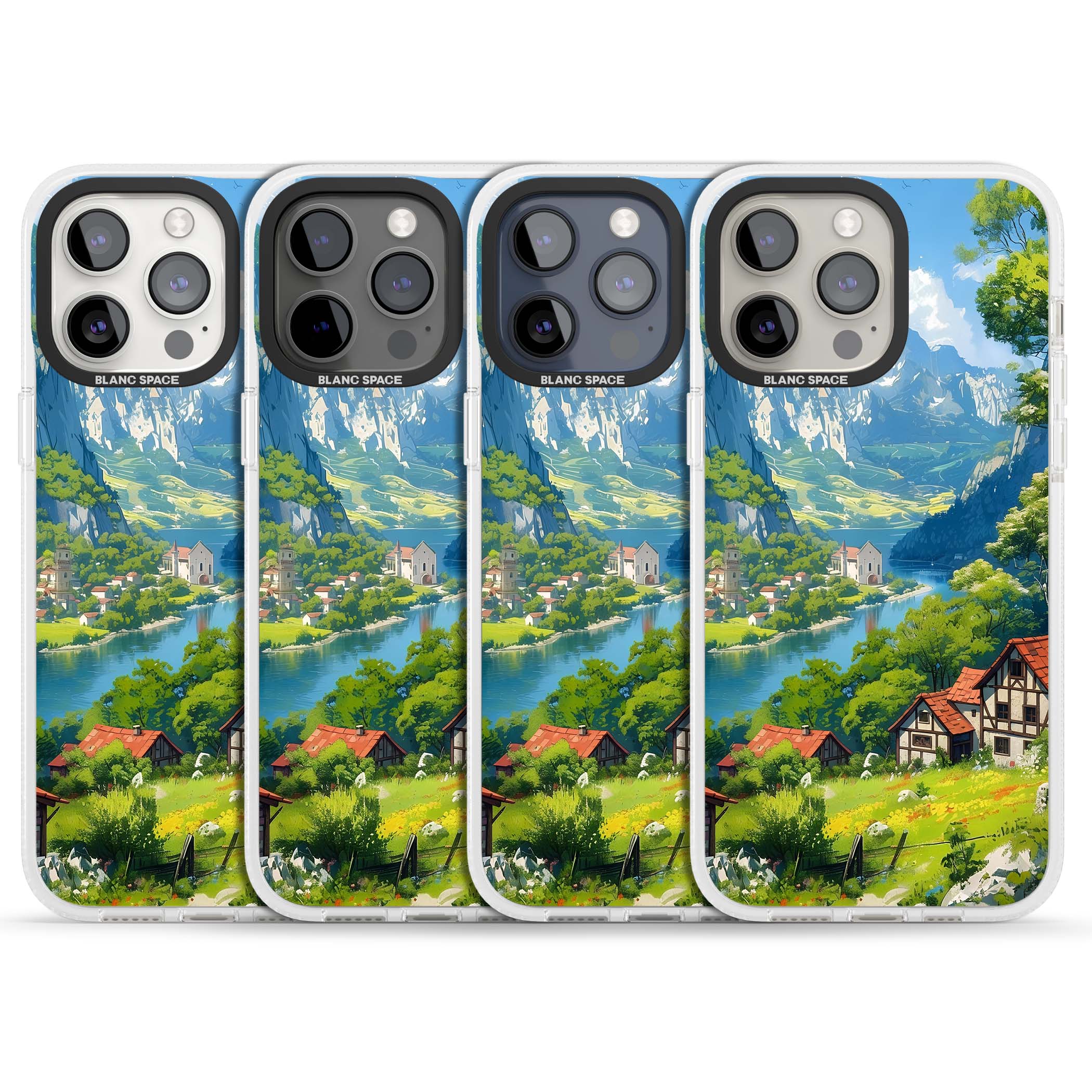 Village In The Valley anime iPhone case featuring a painted mountain village, river valley and half-timbered cottages. | Clear Case Impact Air case for iPhone 15 Pro, iPhone 15 Pro Max