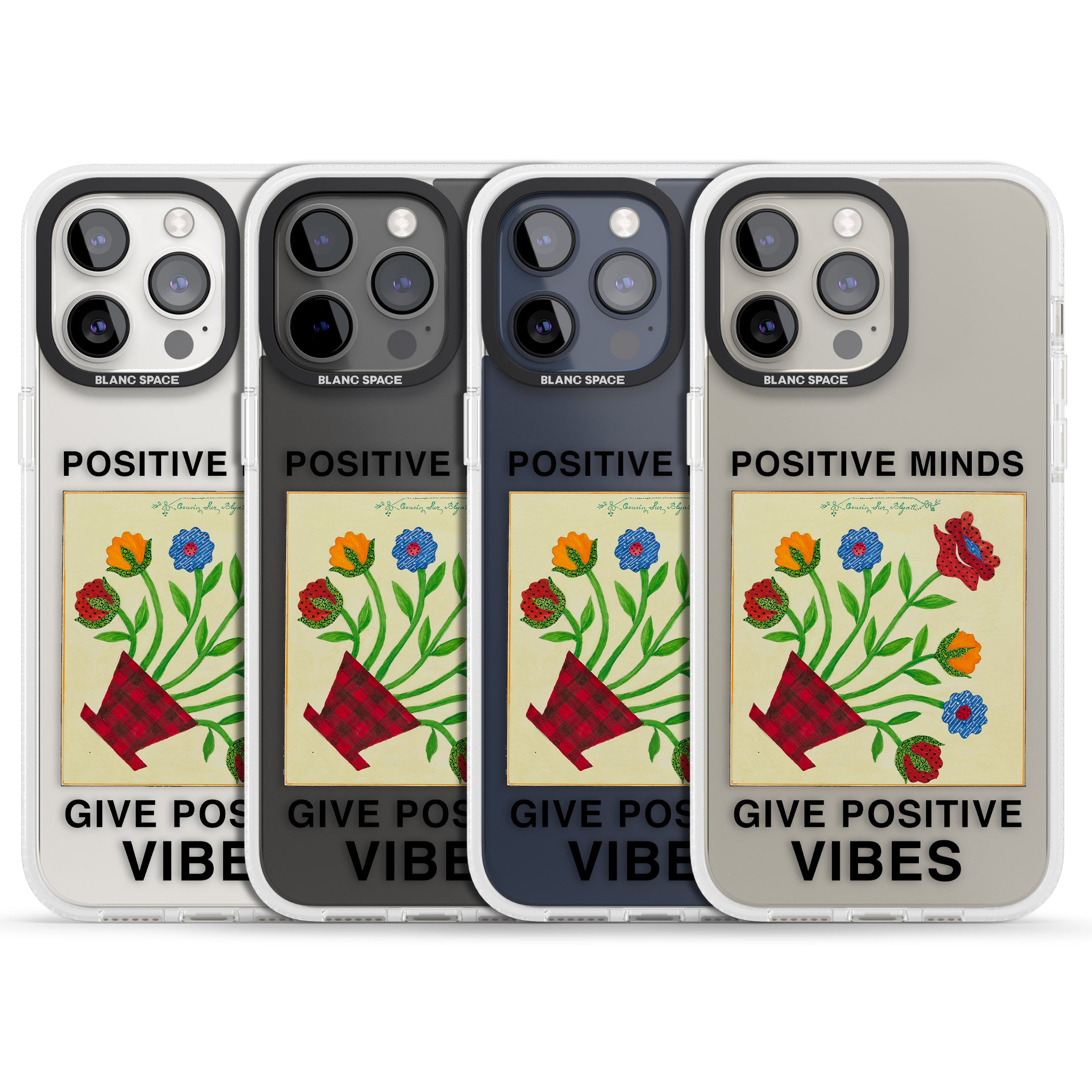 Positive Minds Give Positive Vibes iPhone 15 Pro Max / 15 Pro / 14 Pro Max / 14 Pro / 13 Pro Clear Case Impact Air - Blanc Space