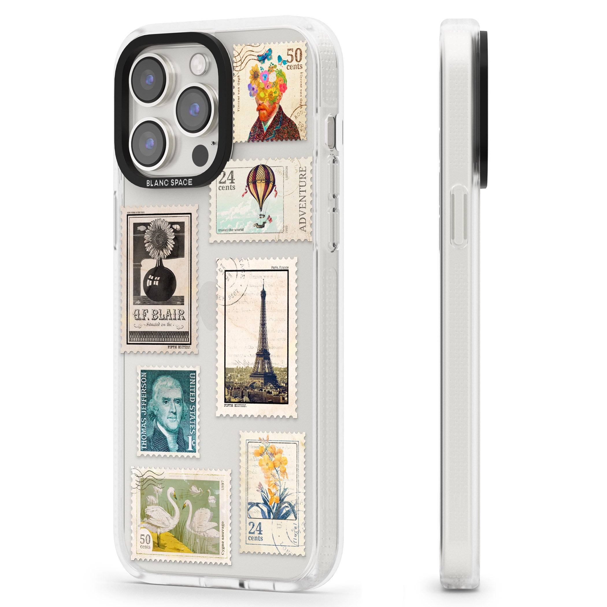 Vintage Stamps iPhone 15 Pro Max / 15 Pro / 14 Pro Max / 14 Pro / 13 Pro Clear Case Impact Air - Blanc Space