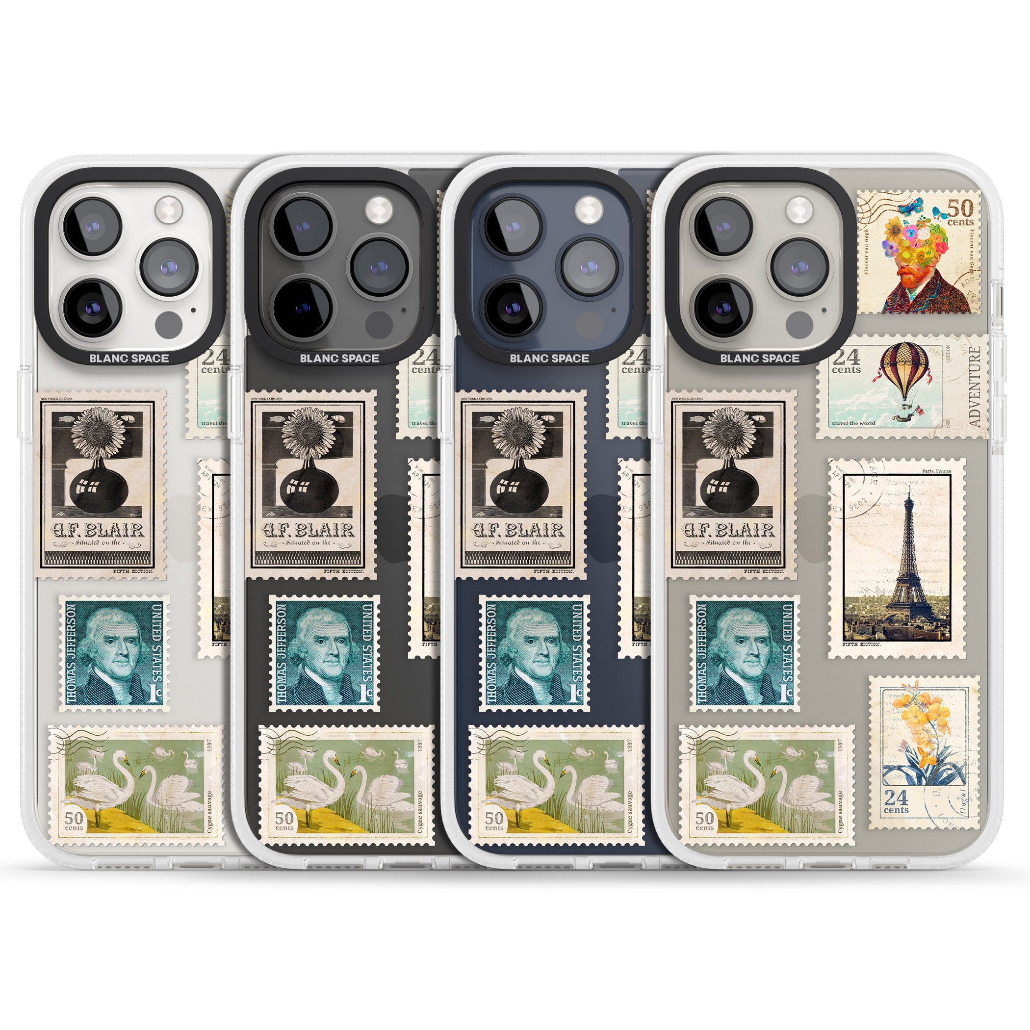 Vintage Stamps iPhone 15 Pro Max / 15 Pro / 14 Pro Max / 14 Pro / 13 Pro Clear Case Impact Air - Blanc Space