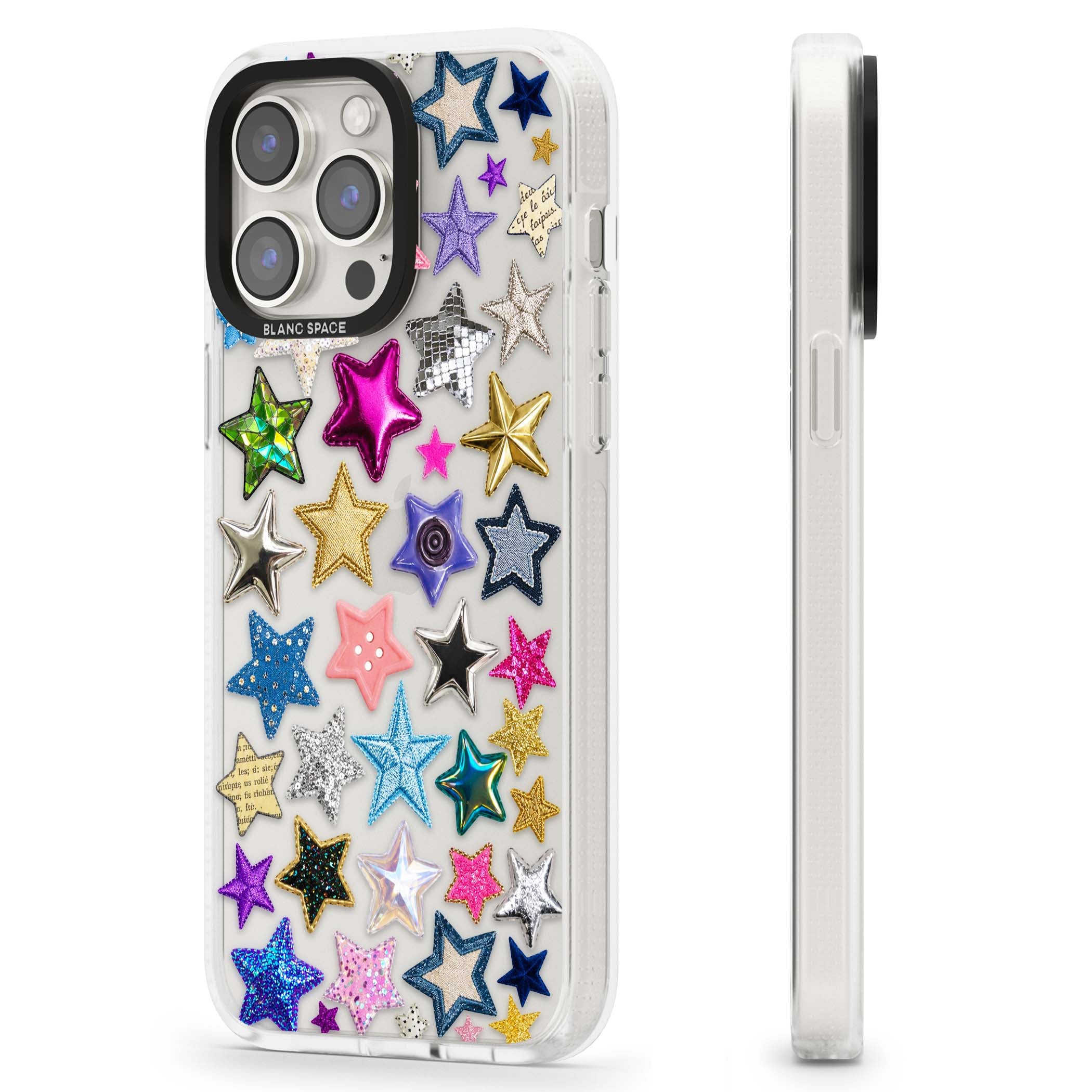 Crafty Star Mix Y2K iPhone case featuring embroidered, sequinned and glitter star patches in rainbow colours | Clear Case Impact Air case for iPhone 15 Pro, iPhone 15 Pro Max