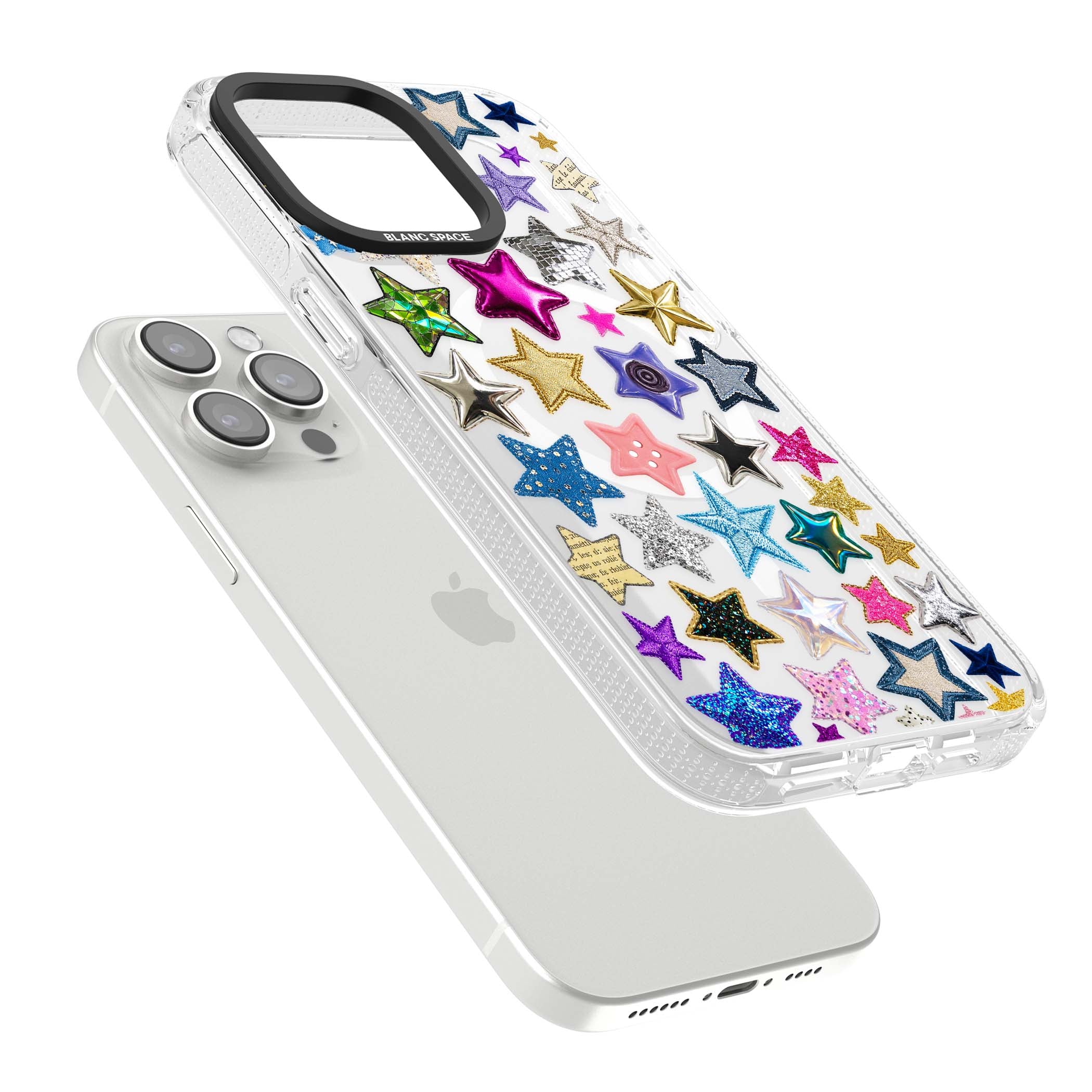 Crafty Star Mix Y2K iPhone case featuring embroidered, sequinned and glitter star patches in rainbow colours | Clear Case Impact Air case for iPhone 15 Pro, iPhone 15 Pro Max