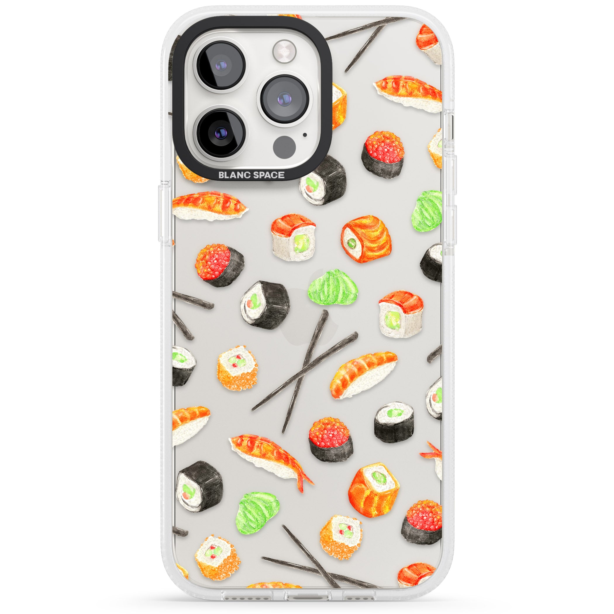 Sushi & Chopsticks Watercolour Pattern iPhone 15 Pro Max / 15 Pro / 14 Pro Max / 14 Pro / 13 Pro Clear Case Impact Air - Blanc Space