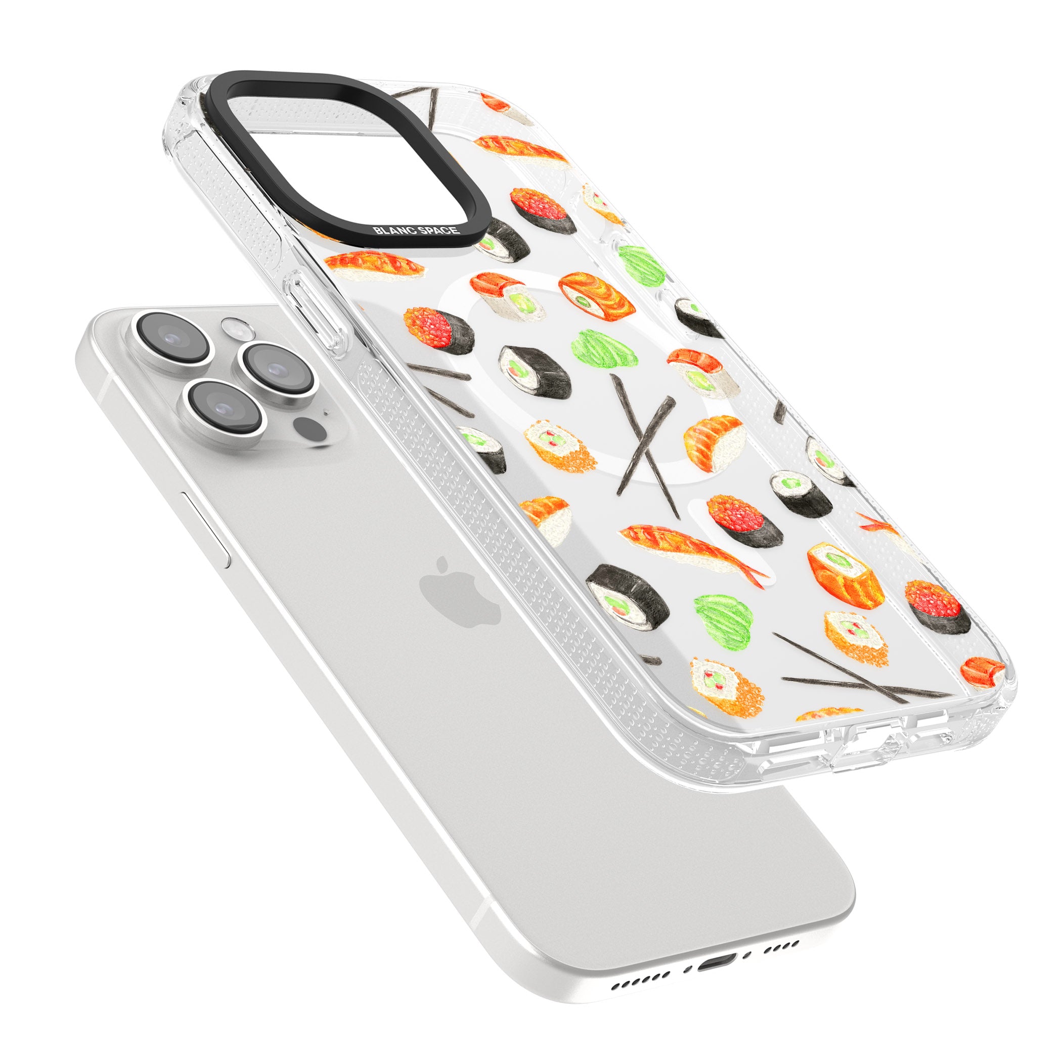 Sushi & Chopsticks Watercolour Pattern iPhone 15 Pro Max / 15 Pro / 14 Pro Max / 14 Pro / 13 Pro Clear Case Impact Air - Blanc Space