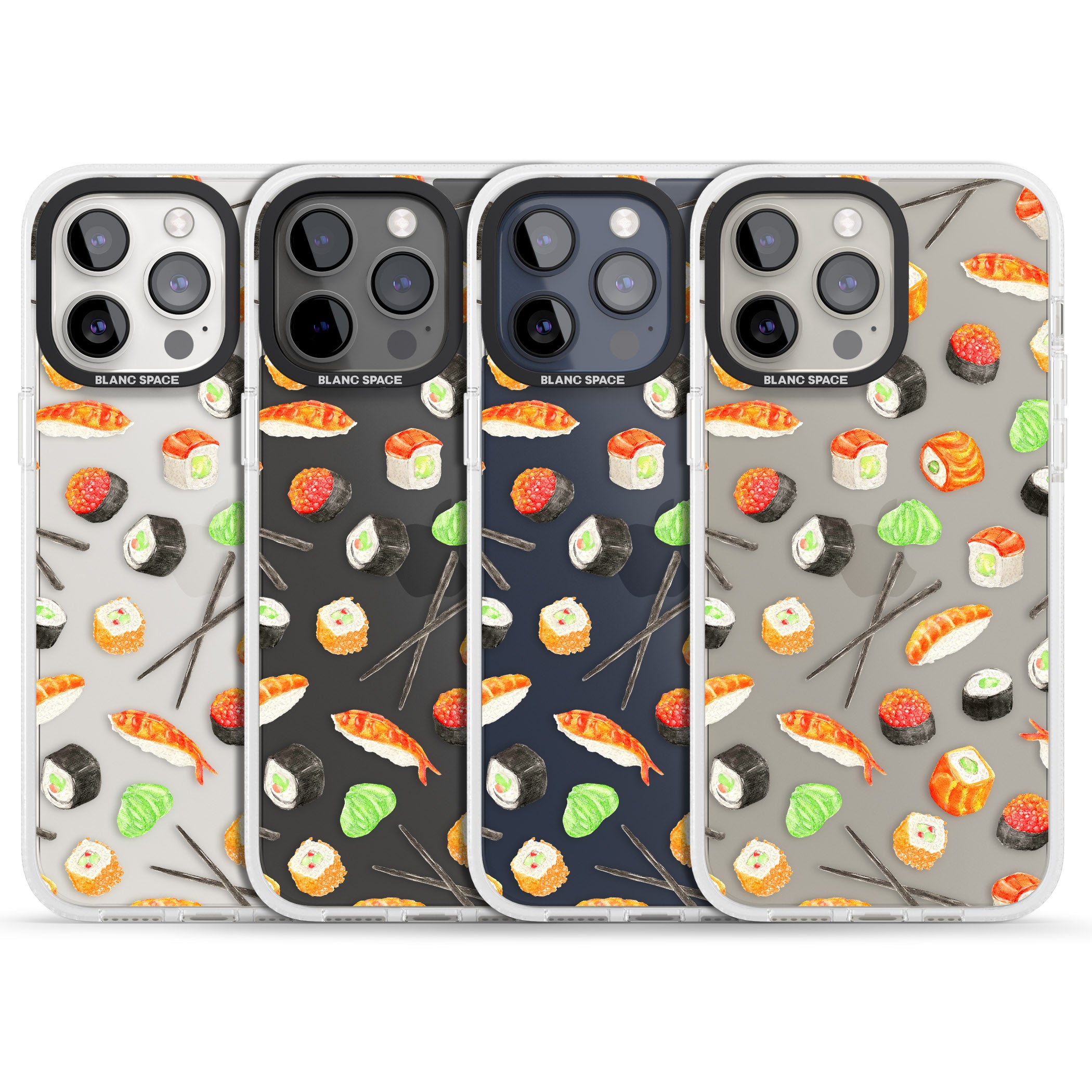 Sushi & Chopsticks Watercolour Pattern iPhone 15 Pro Max / 15 Pro / 14 Pro Max / 14 Pro / 13 Pro Clear Case Impact Air - Blanc Space