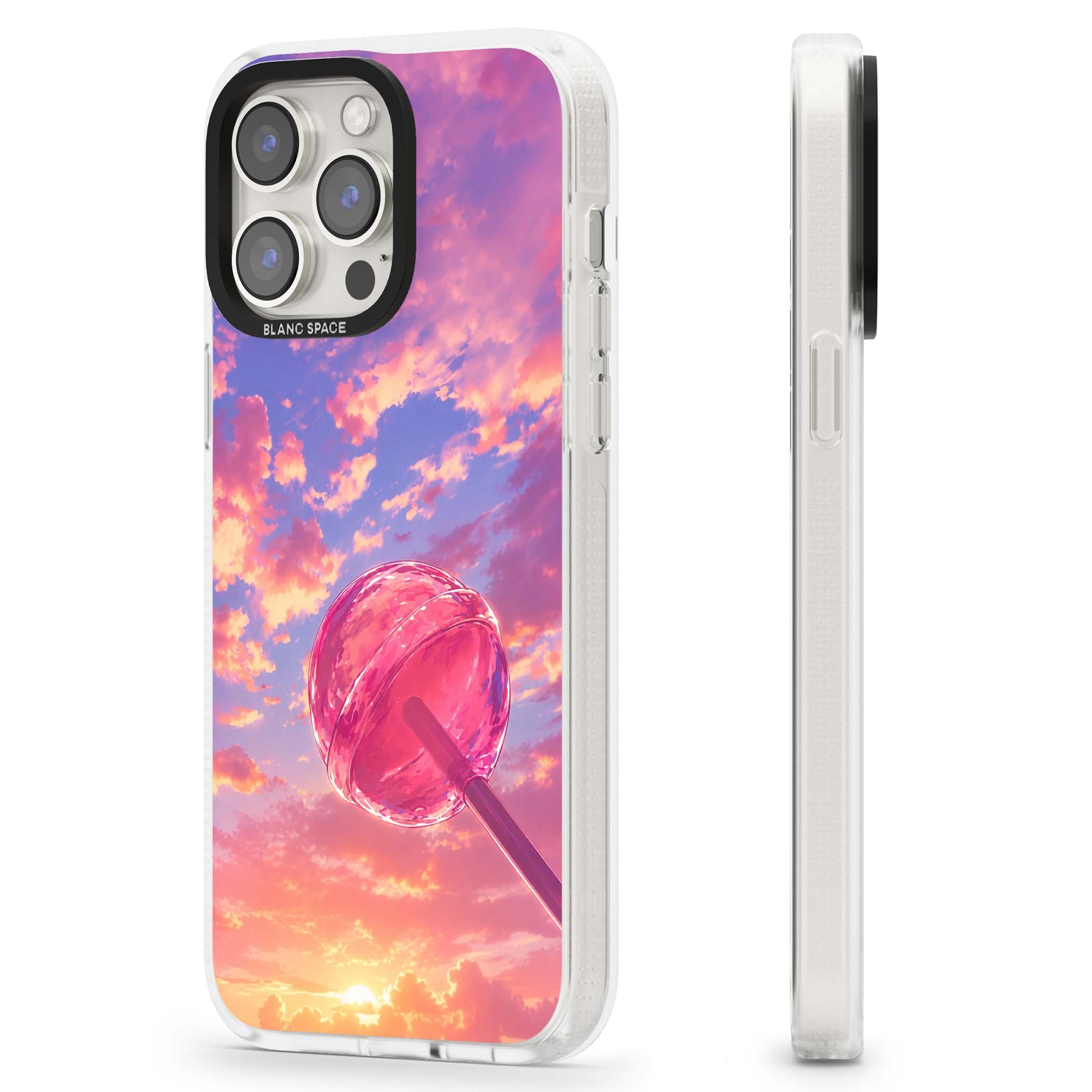 Sugar Sunset candy aesthetic iPhone case featuring a pink lollipop, pastel sunset sky and dreamy clouds | Clear Case Impact Air case for iPhone 15 Pro, iPhone 15 Pro Max