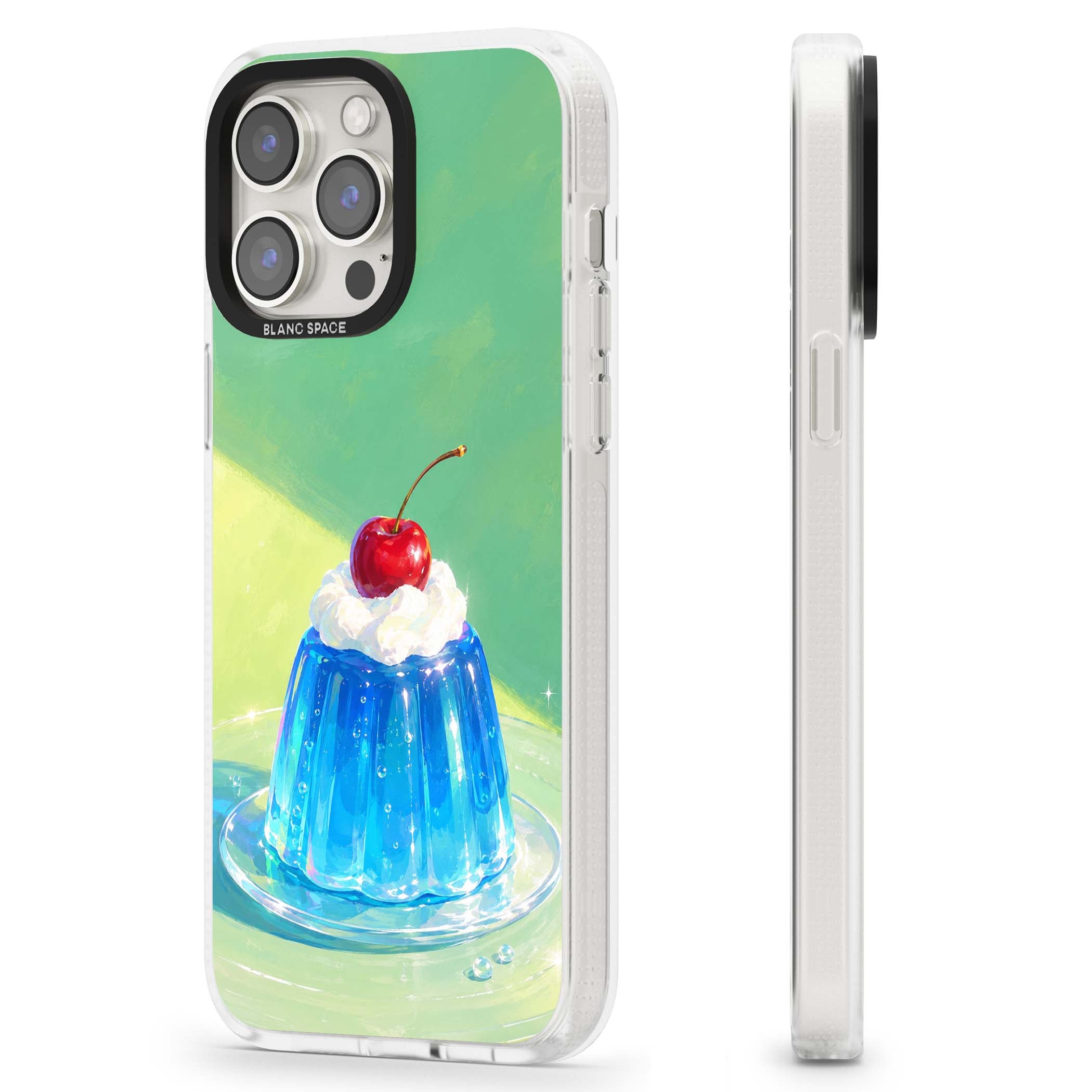 Cherry Jelly kawaii dessert iPhone case featuring blue jelly pudding, whipped cream and a red cherry | Clear Case Impact Air case for iPhone 15 Pro, iPhone 15 Pro Max
