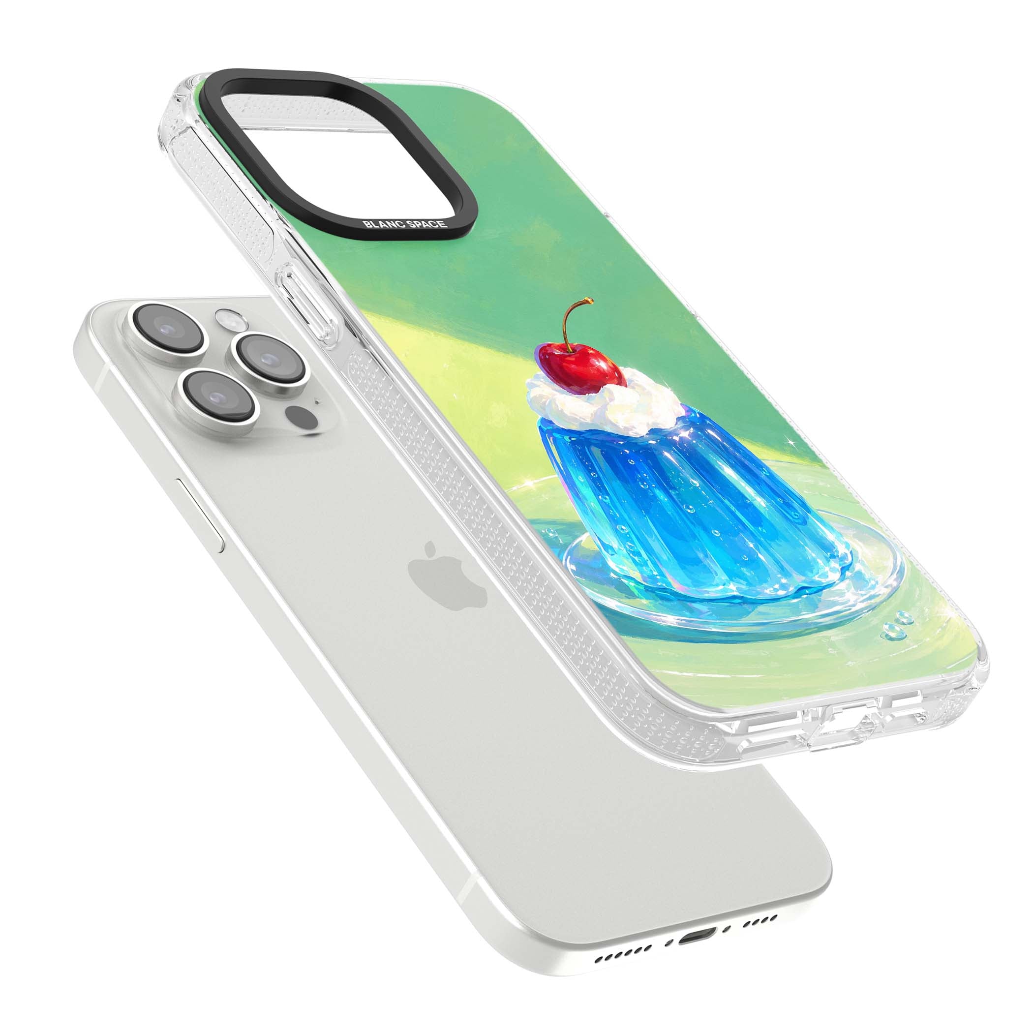 Cherry Jelly kawaii dessert iPhone case featuring blue jelly pudding, whipped cream and a red cherry | Clear Case Impact Air case for iPhone 15 Pro, iPhone 15 Pro Max
