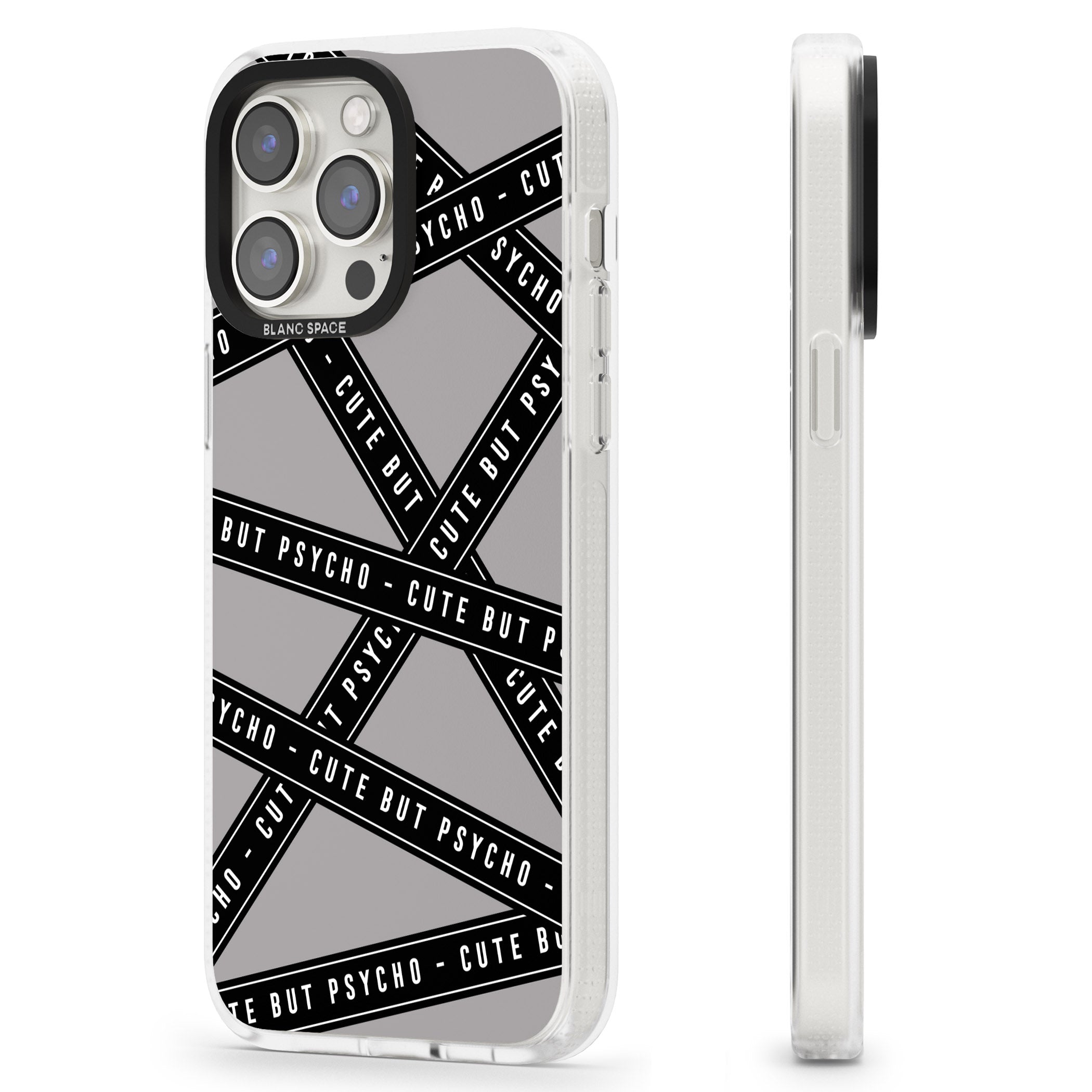 Caution Tape Phrases Cute But Psycho iPhone 15 Pro Max / 15 Pro / 14 Pro Max / 14 Pro / 13 Pro Clear Case Impact Air - Blanc Space
