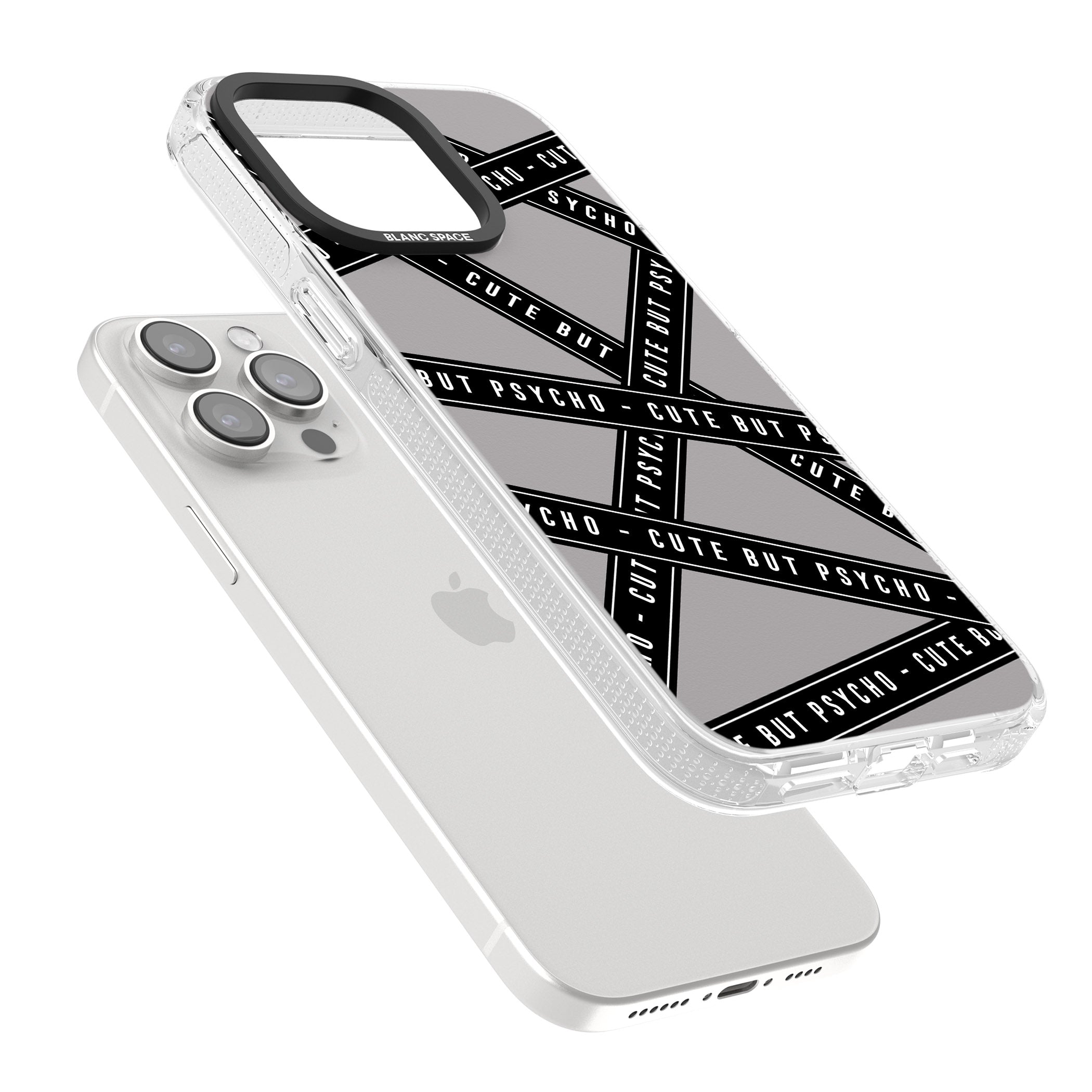 Caution Tape Phrases Cute But Psycho iPhone 15 Pro Max / 15 Pro / 14 Pro Max / 14 Pro / 13 Pro Clear Case Impact Air - Blanc Space