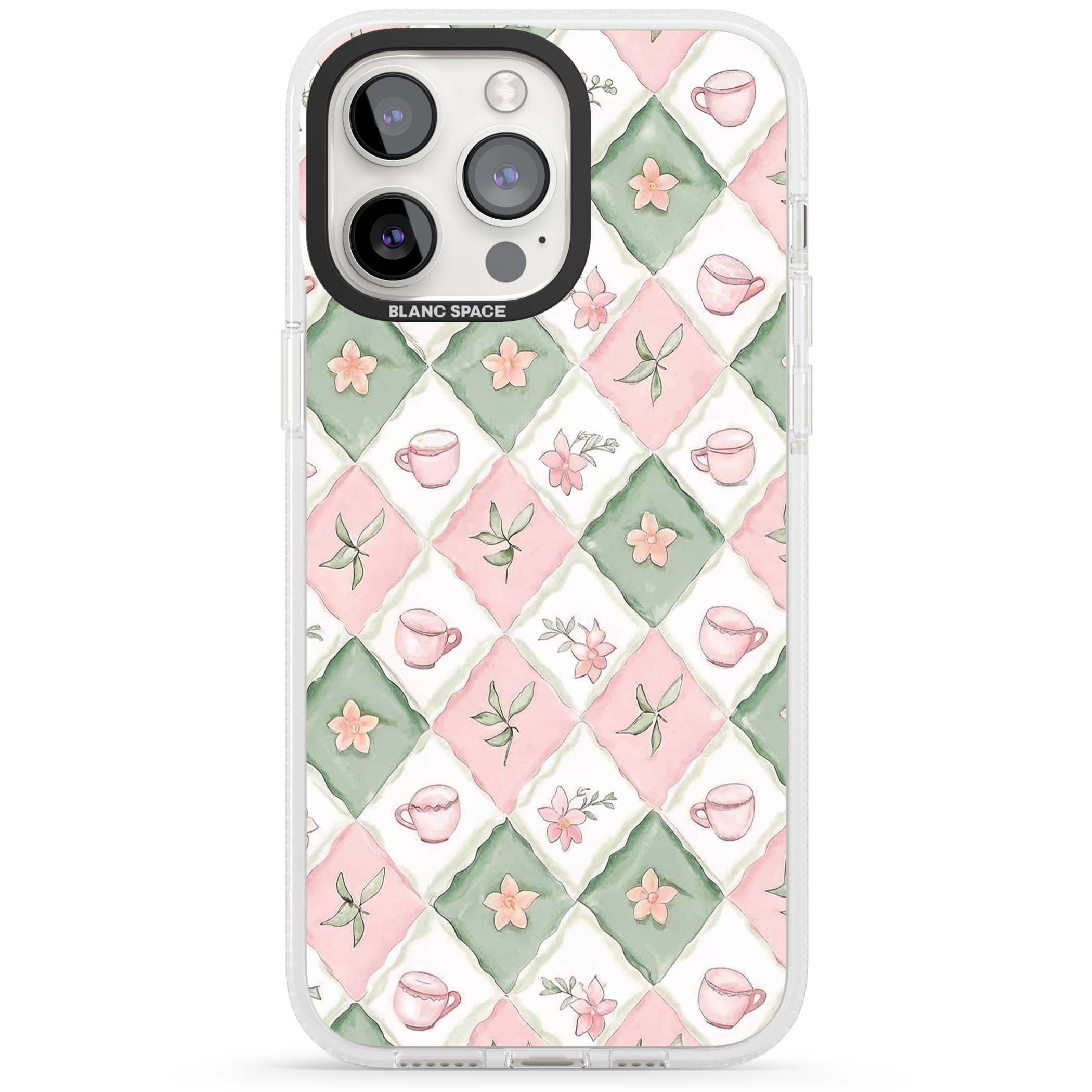 Garden Tea Party coquette iPhone case with pink and green checkered pattern, watercolour teacups and wildflowers | Clear Case Impact Air case for iPhone 15 Pro, iPhone 15 Pro Max