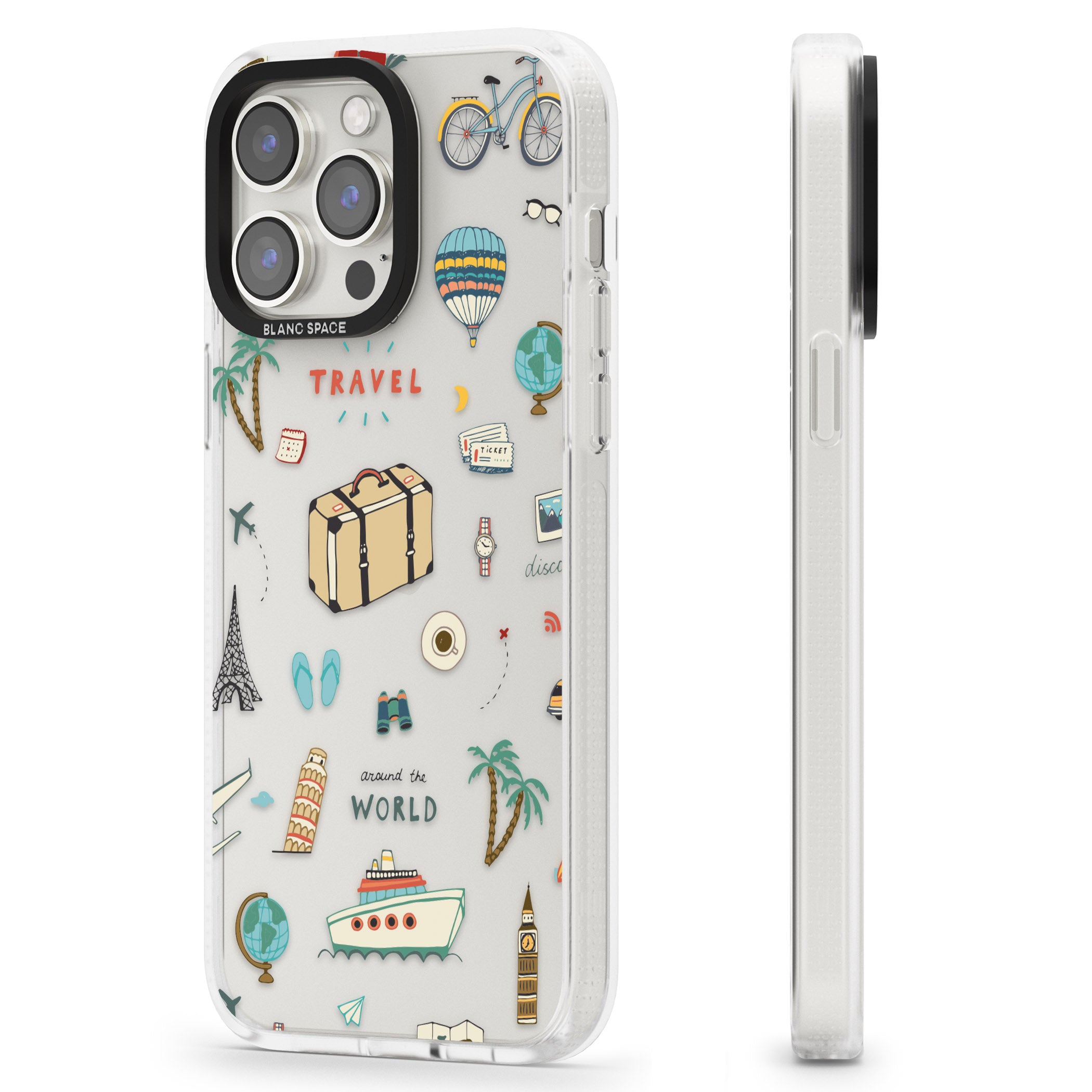 Cute Travel Pattern Transparent iPhone 15 Pro Max / 15 Pro / 14 Pro Max / 14 Pro / 13 Pro Clear Case Impact Air - Blanc Space