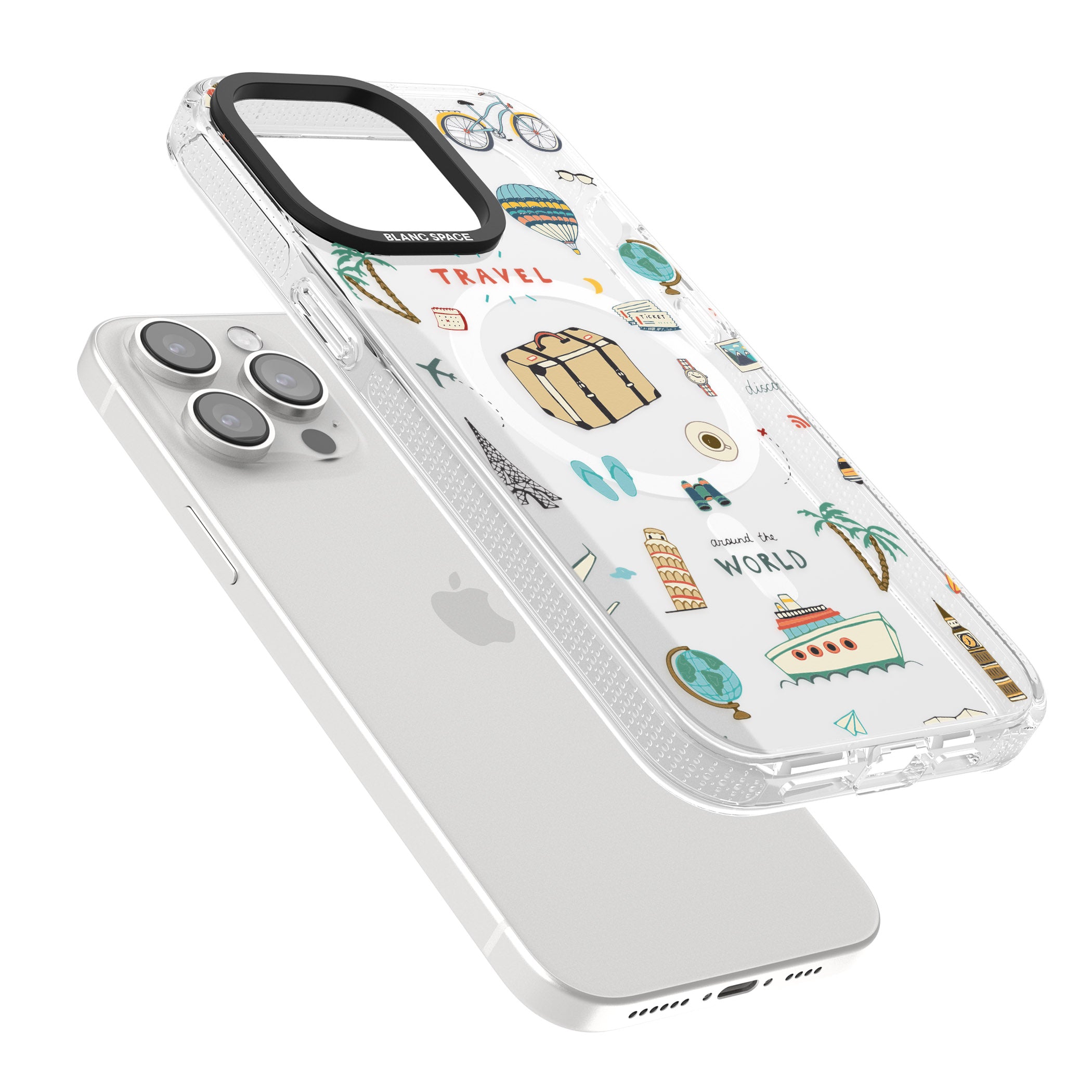 Cute Travel Pattern Transparent iPhone 15 Pro Max / 15 Pro / 14 Pro Max / 14 Pro / 13 Pro Clear Case Impact Air - Blanc Space