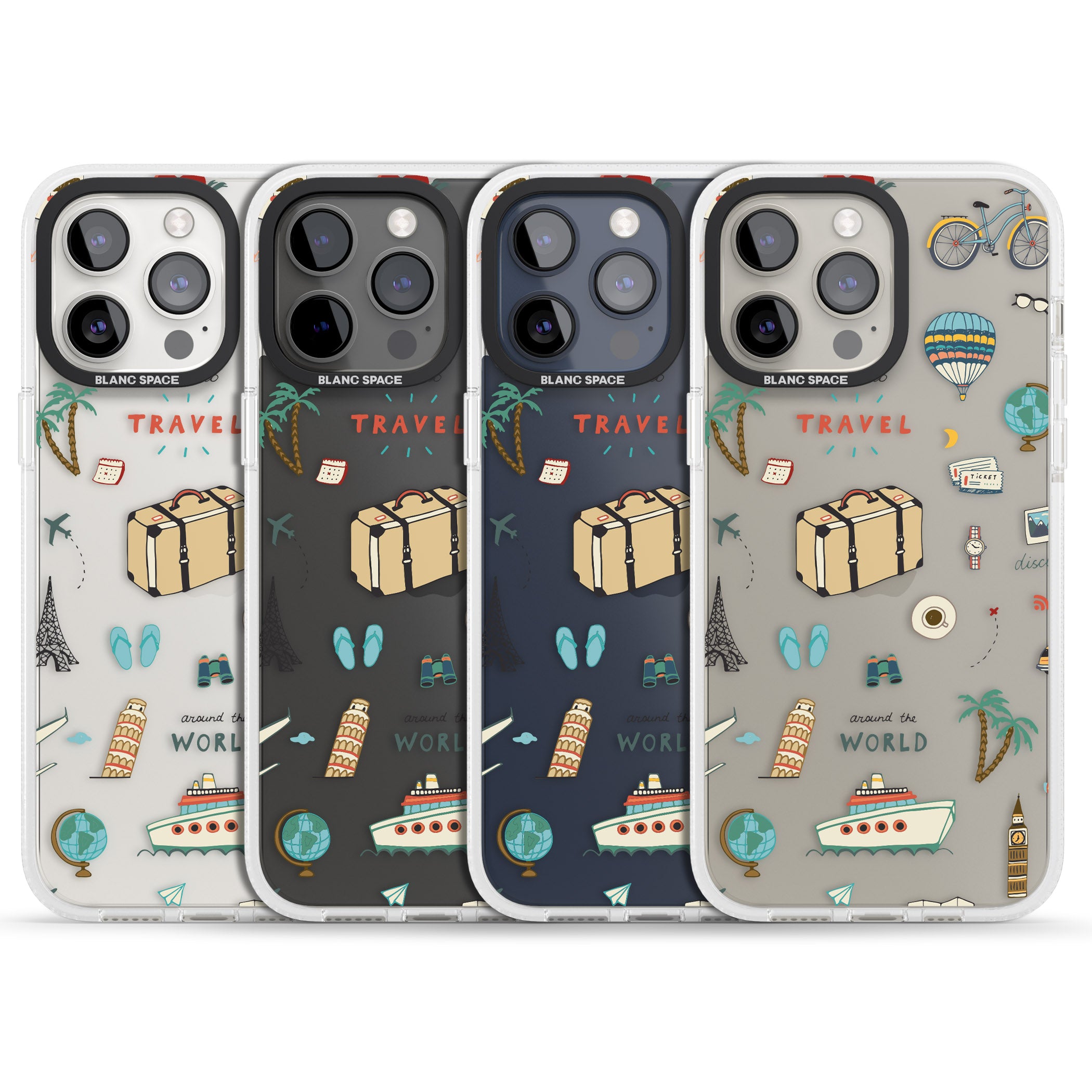 Cute Travel Pattern Transparent iPhone 15 Pro Max / 15 Pro / 14 Pro Max / 14 Pro / 13 Pro Clear Case Impact Air - Blanc Space