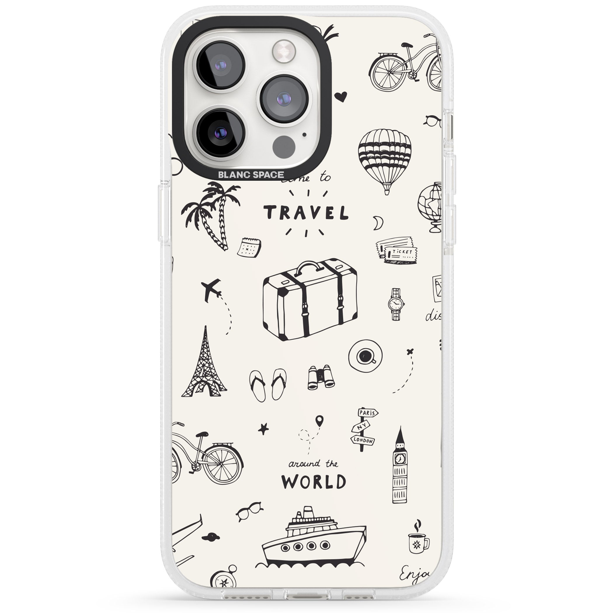 Cute Travel Pattern, White on iPhone 15 Pro Max / 15 Pro / 14 Pro Max / 14 Pro / 13 Pro Clear Case Impact Air - Blanc Space
