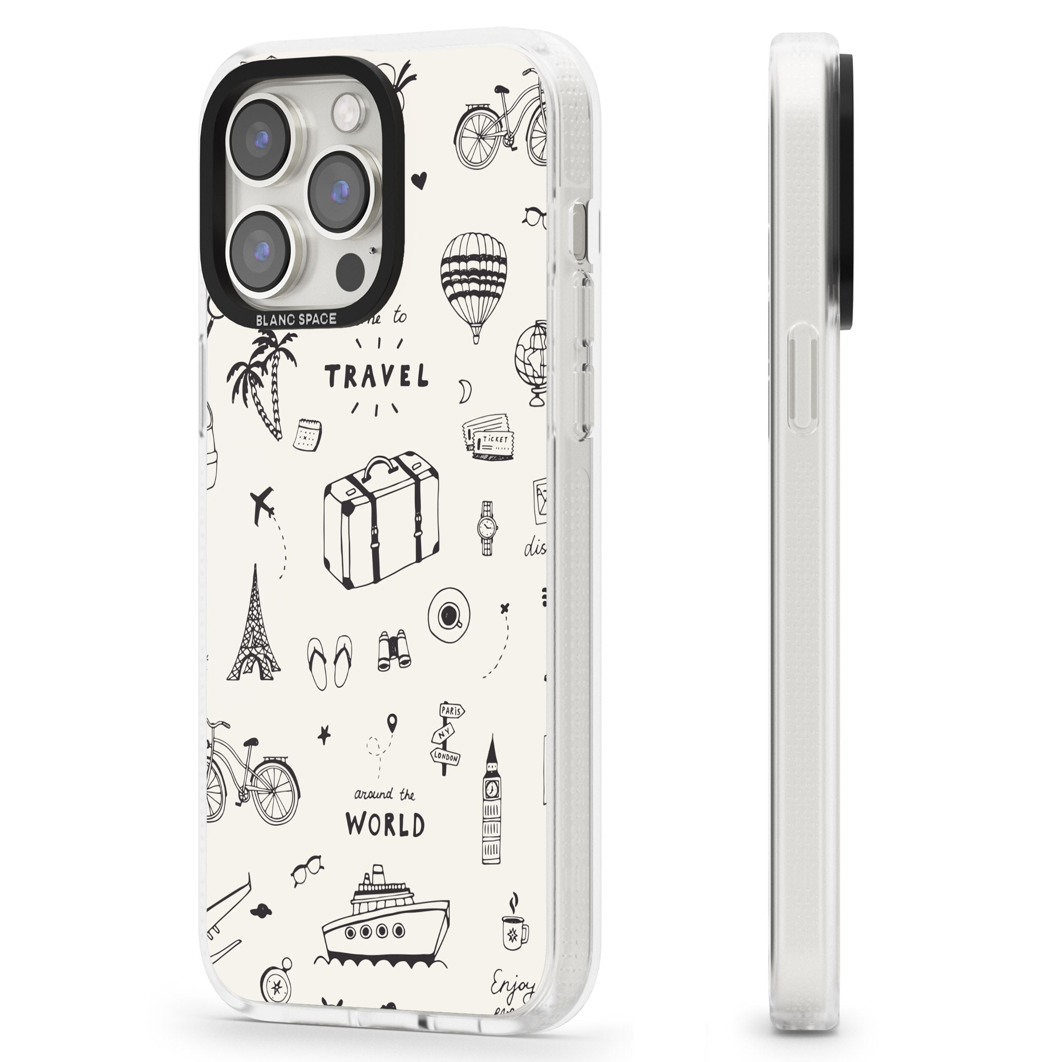 Cute Travel Pattern, White on iPhone 15 Pro Max / 15 Pro / 14 Pro Max / 14 Pro / 13 Pro Clear Case Impact Air - Blanc Space
