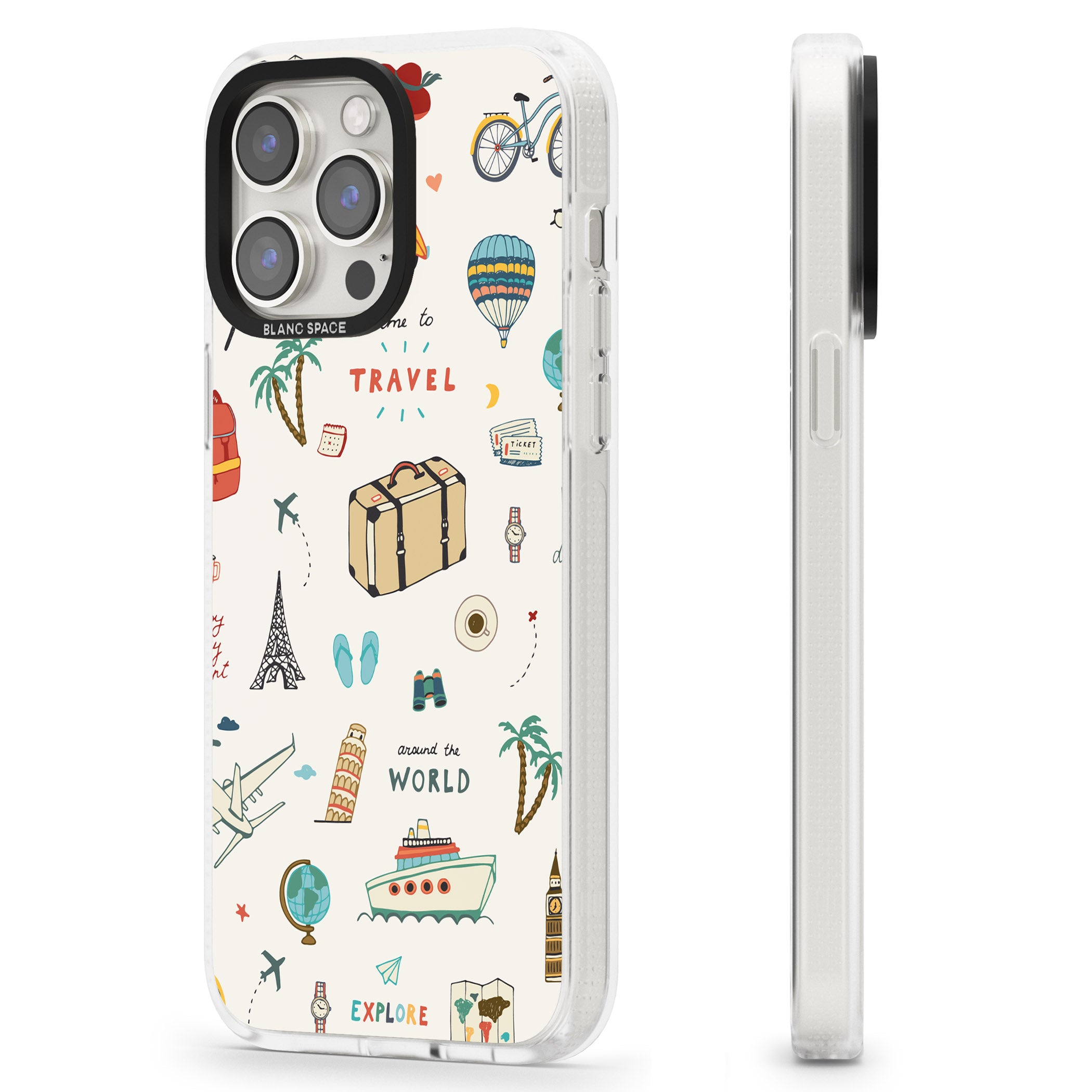 Cute Travel Pattern Cream iPhone 15 Pro Max / 15 Pro / 14 Pro Max / 14 Pro / 13 Pro Clear Case Impact Air - Blanc Space