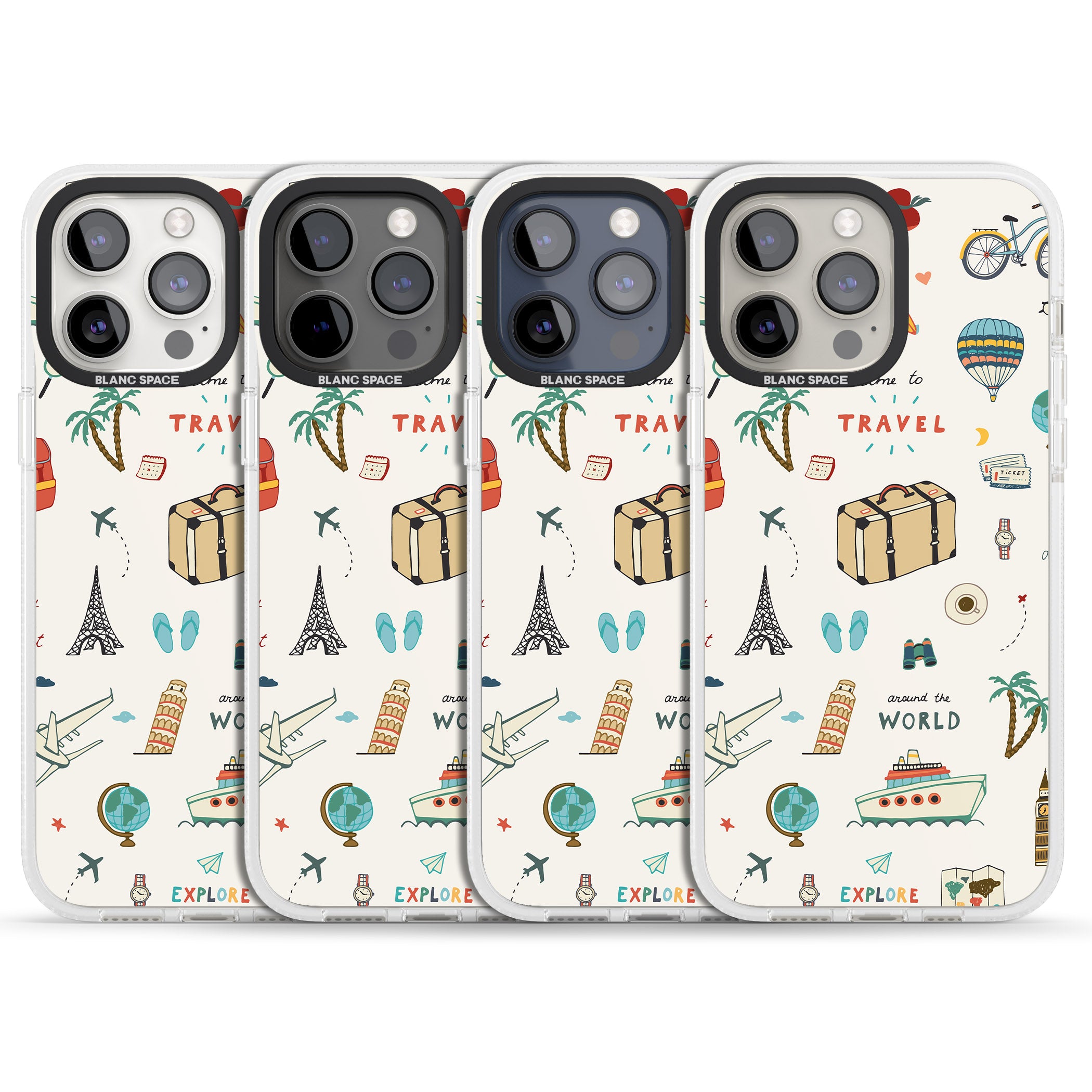 Cute Travel Pattern Cream iPhone 15 Pro Max / 15 Pro / 14 Pro Max / 14 Pro / 13 Pro Clear Case Impact Air - Blanc Space