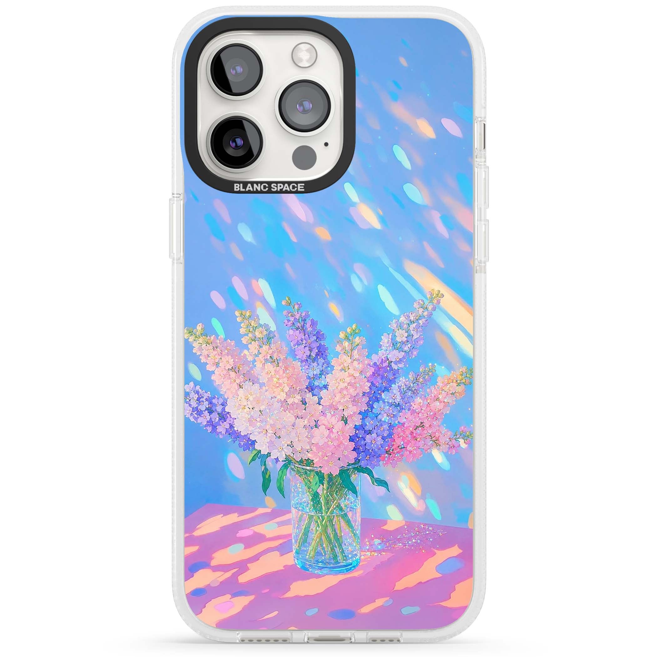 Bubblegum Flowers floral iPhone case featuring pastel lilac and pink bouquet in a glass vase with iridescent light | Clear Case Impact Air case for iPhone 15 Pro, iPhone 15 Pro Max