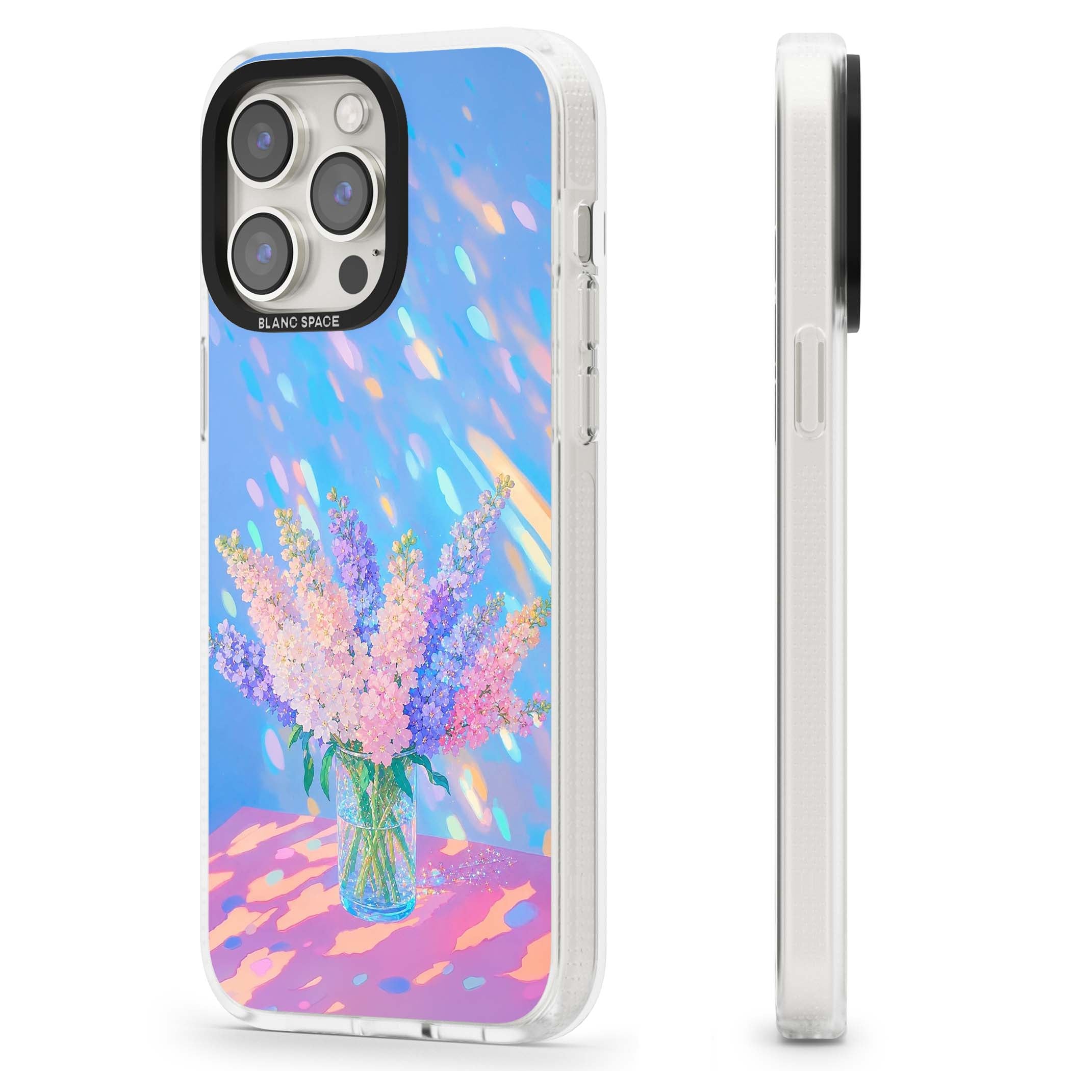 Bubblegum Flowers floral iPhone case featuring pastel lilac and pink bouquet in a glass vase with iridescent light | Clear Case Impact Air case for iPhone 15 Pro, iPhone 15 Pro Max