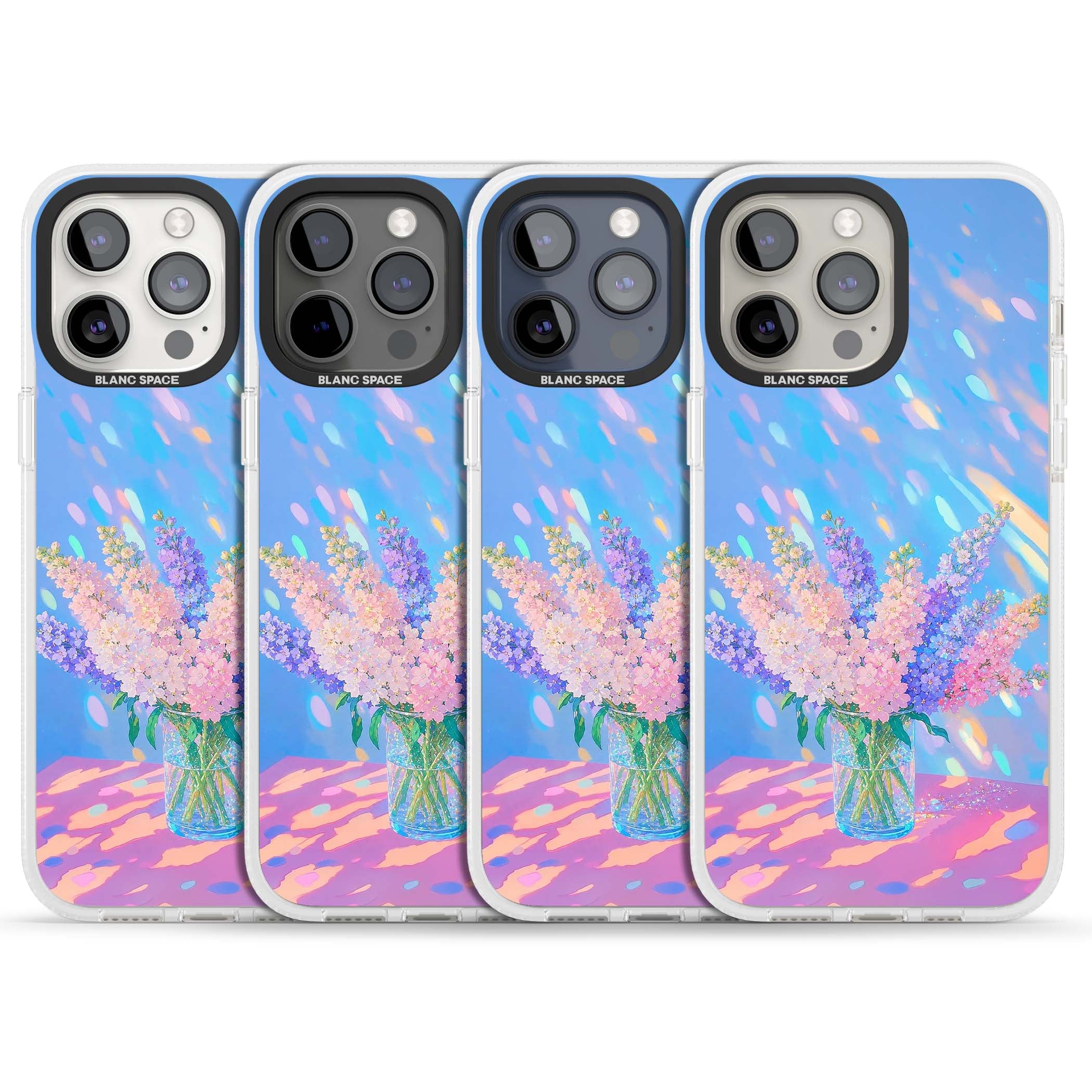Bubblegum Flowers floral iPhone case featuring pastel lilac and pink bouquet in a glass vase with iridescent light | Clear Case Impact Air case for iPhone 15 Pro, iPhone 15 Pro Max