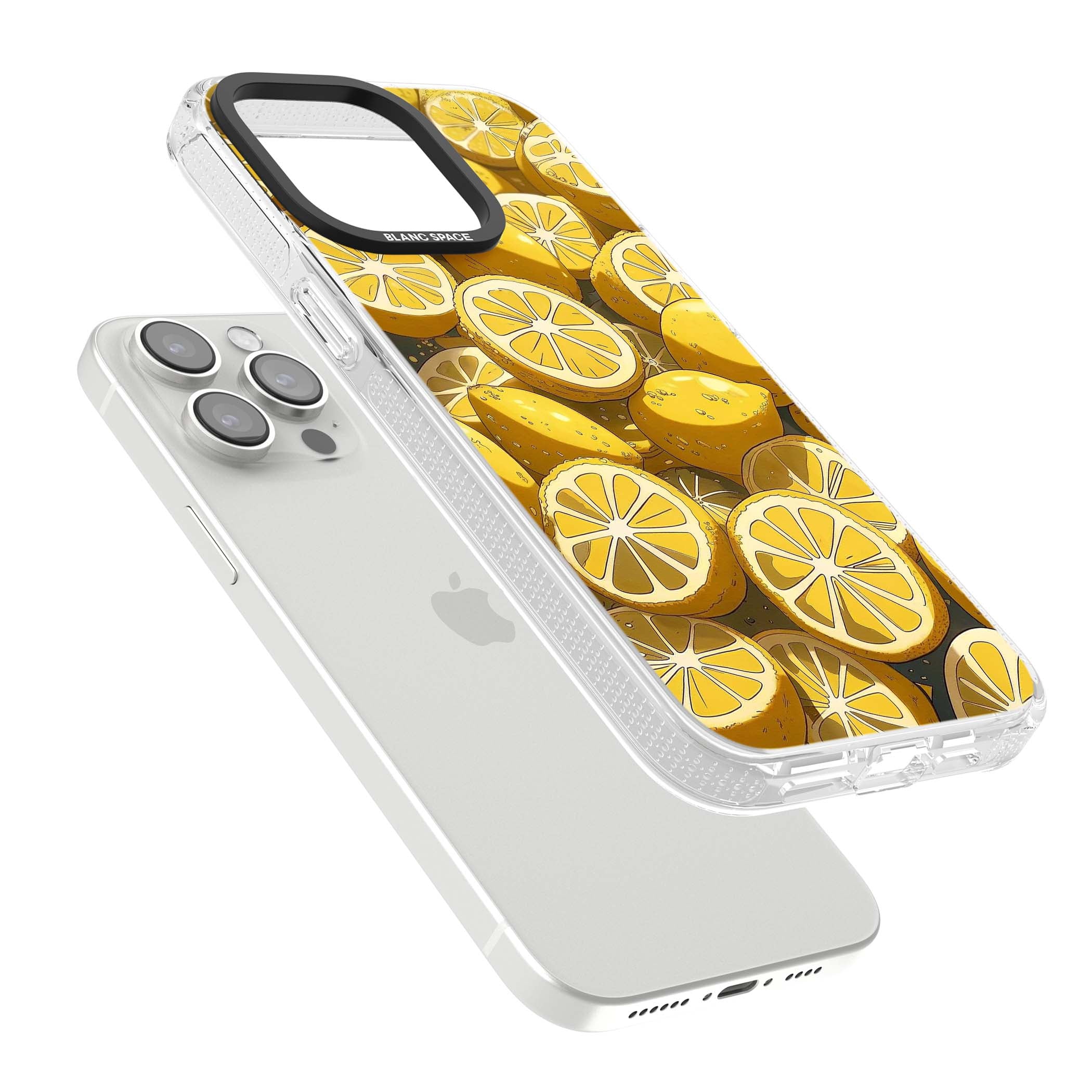 Zesty coastal iPhone case featuring illustrated Mediterranean lemons and citrus slices in golden yellow | Clear Case Impact Air case for iPhone 15 Pro, iPhone 15 Pro Max