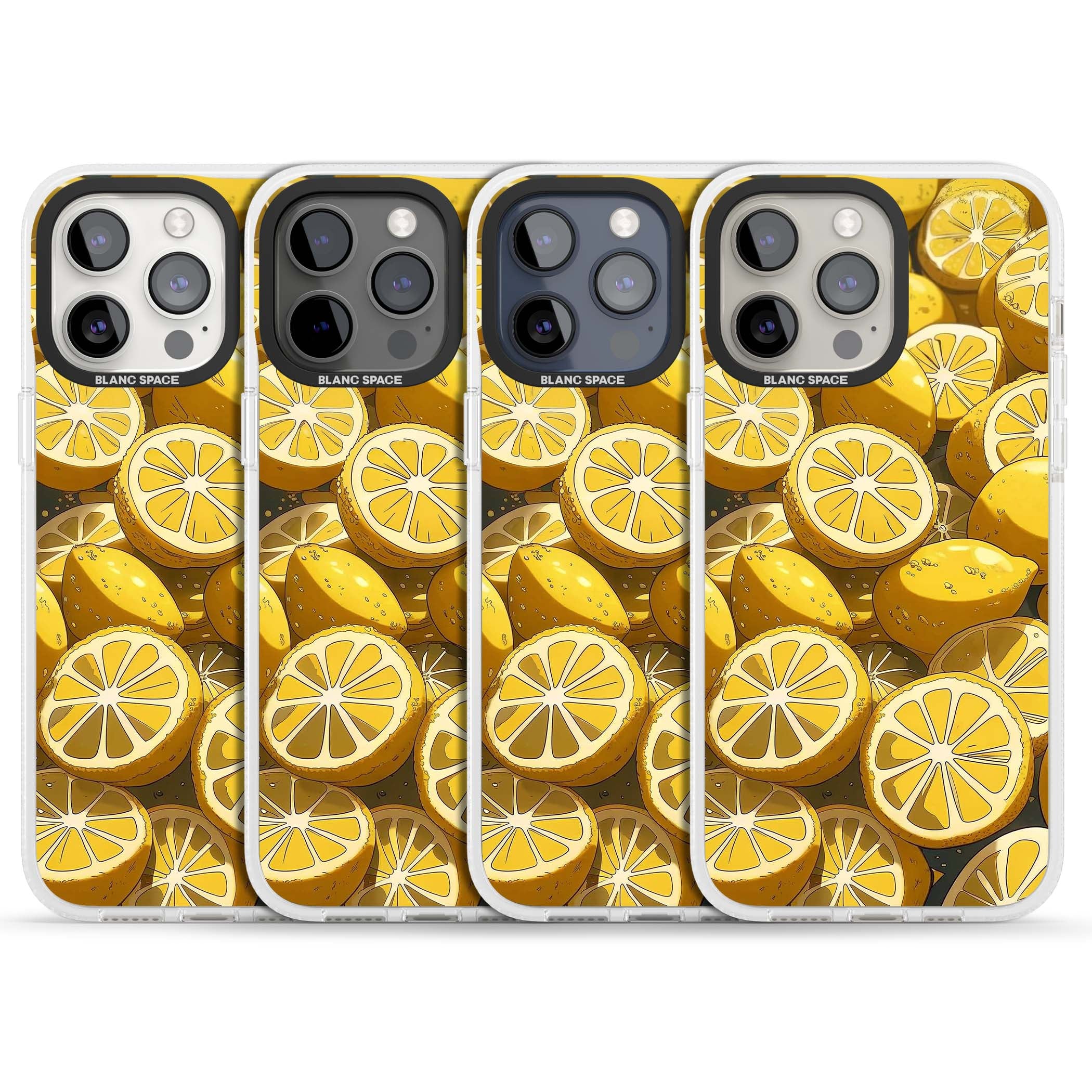 Zesty coastal iPhone case featuring illustrated Mediterranean lemons and citrus slices in golden yellow | Clear Case Impact Air case for iPhone 15 Pro, iPhone 15 Pro Max