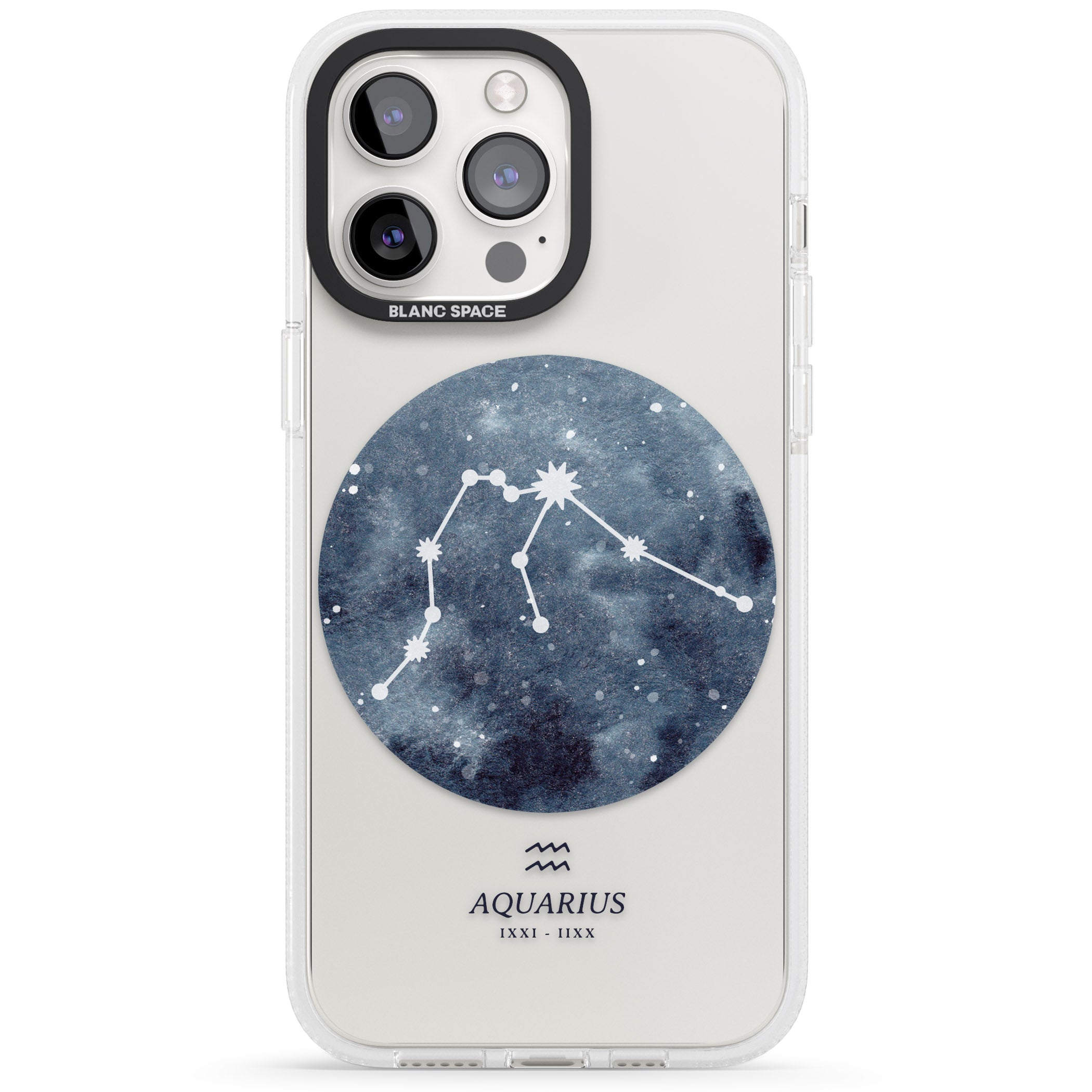Aquarius Zodiac Transparent Design - Blue iPhone 15 Pro Max / 15 Pro / 14 Pro Max / 14 Pro / 13 Pro Clear Case Impact Air - Blanc Space