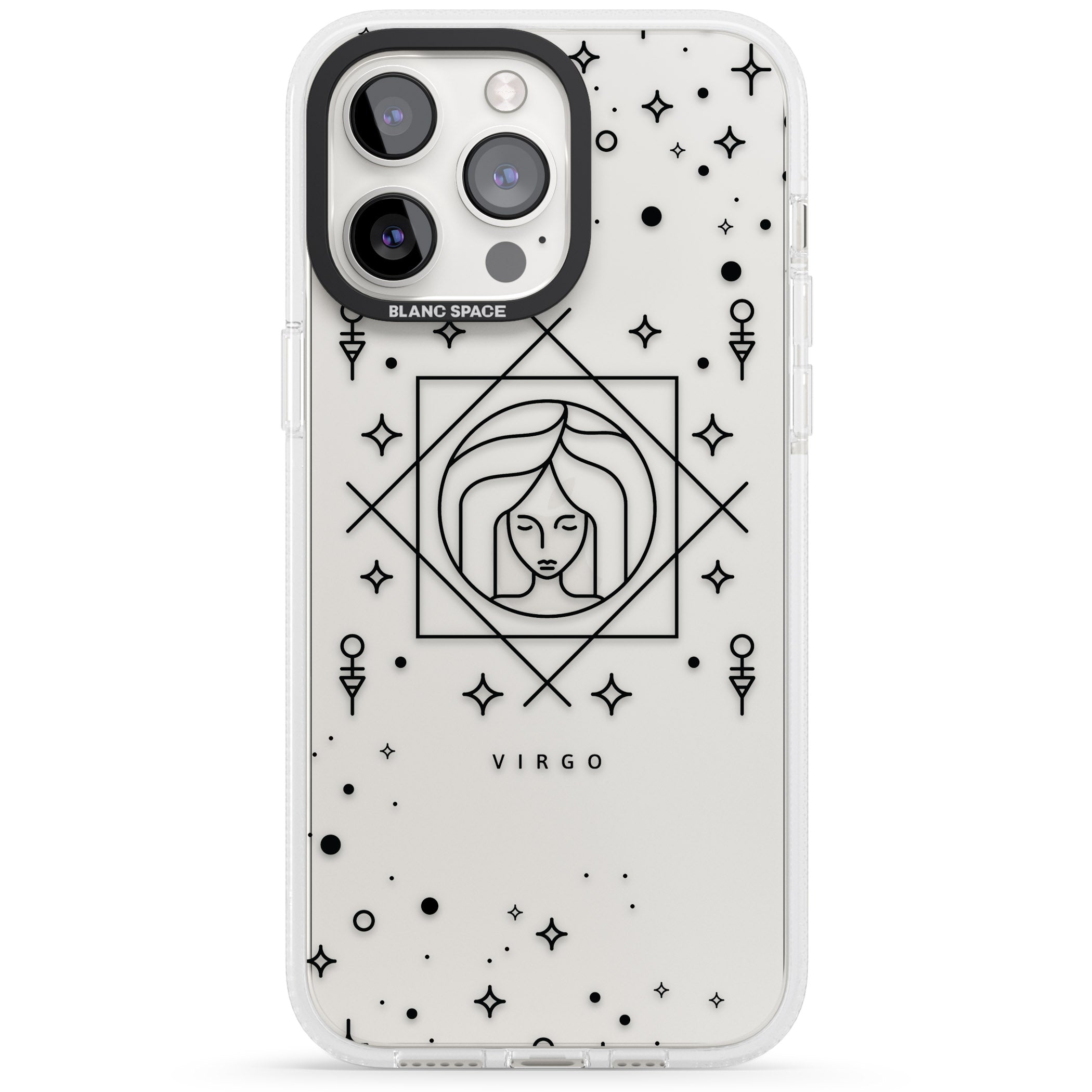 Virgo Emblem - Transparent Design iPhone 15 Pro Max / 15 Pro / 14 Pro Max / 14 Pro / 13 Pro Clear Case Impact Air - Blanc Space