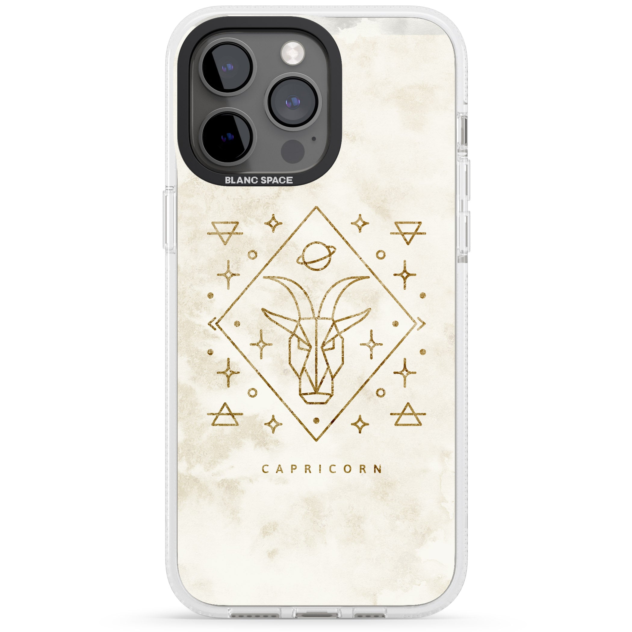 Capricorn Emblem - Solid Gold Marbled Design iPhone 15 Pro Max / 15 Pro / 14 Pro Max / 14 Pro / 13 Pro Clear Case Impact Air - Blanc Space