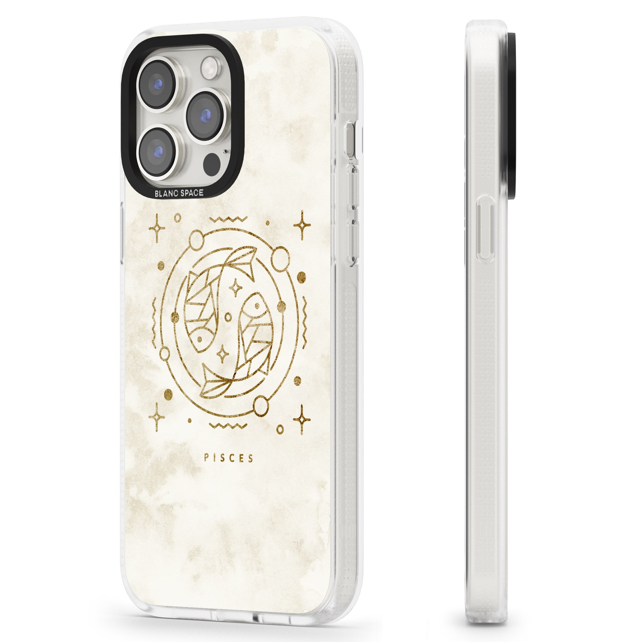 Pisces Emblem - Solid Gold Marbled Design iPhone 15 Pro Max / 15 Pro / 14 Pro Max / 14 Pro / 13 Pro Clear Case Impact Air - Blanc Space