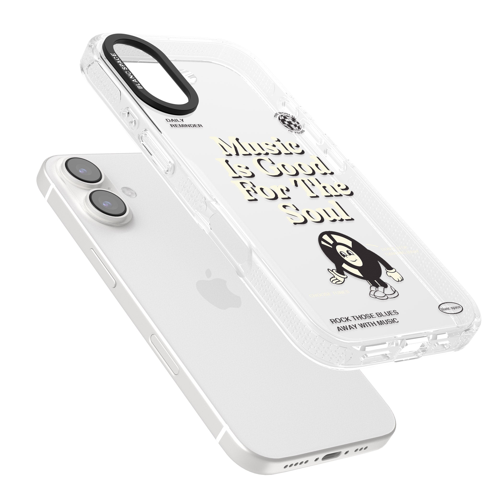 Music Is Good For The Soul iPhone 16 / 16 Plus Clear Case Impact Air - Blanc Space