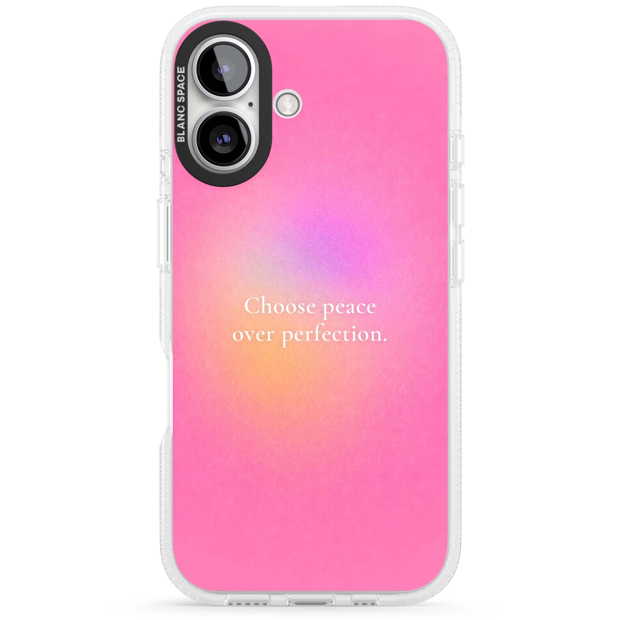 Peace Over Perfection quote iPhone case featuring a dreamy pink aura gradient and delicate white affirmation text | Clear Case Impact Air case for iPhone 16, iPhone 16 Plus