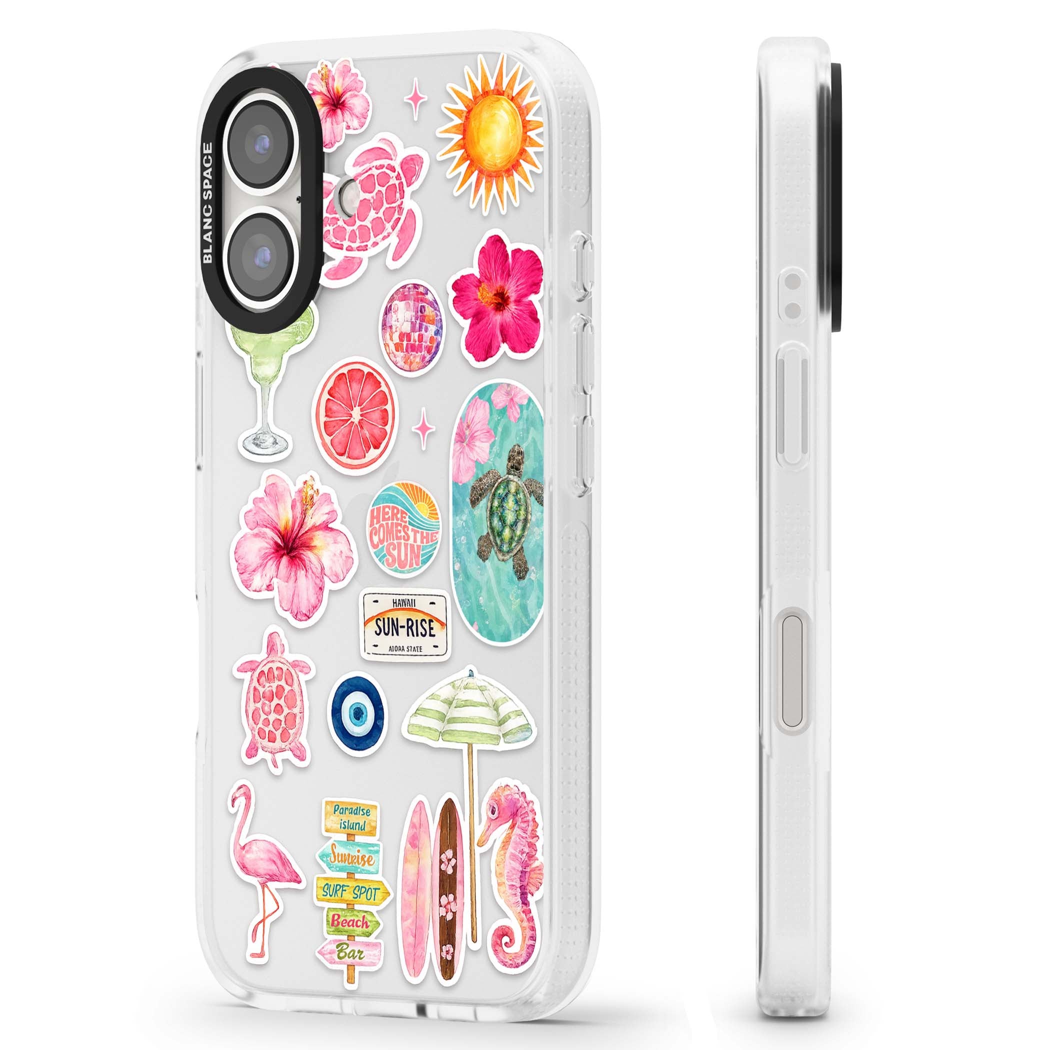 Aloha Sticker Mix tropical summer iPhone case featuring pink hibiscus, sea turtles, flamingo and beach umbrella stickers | Clear Case Impact Air case for iPhone 16, iPhone 16 Plus