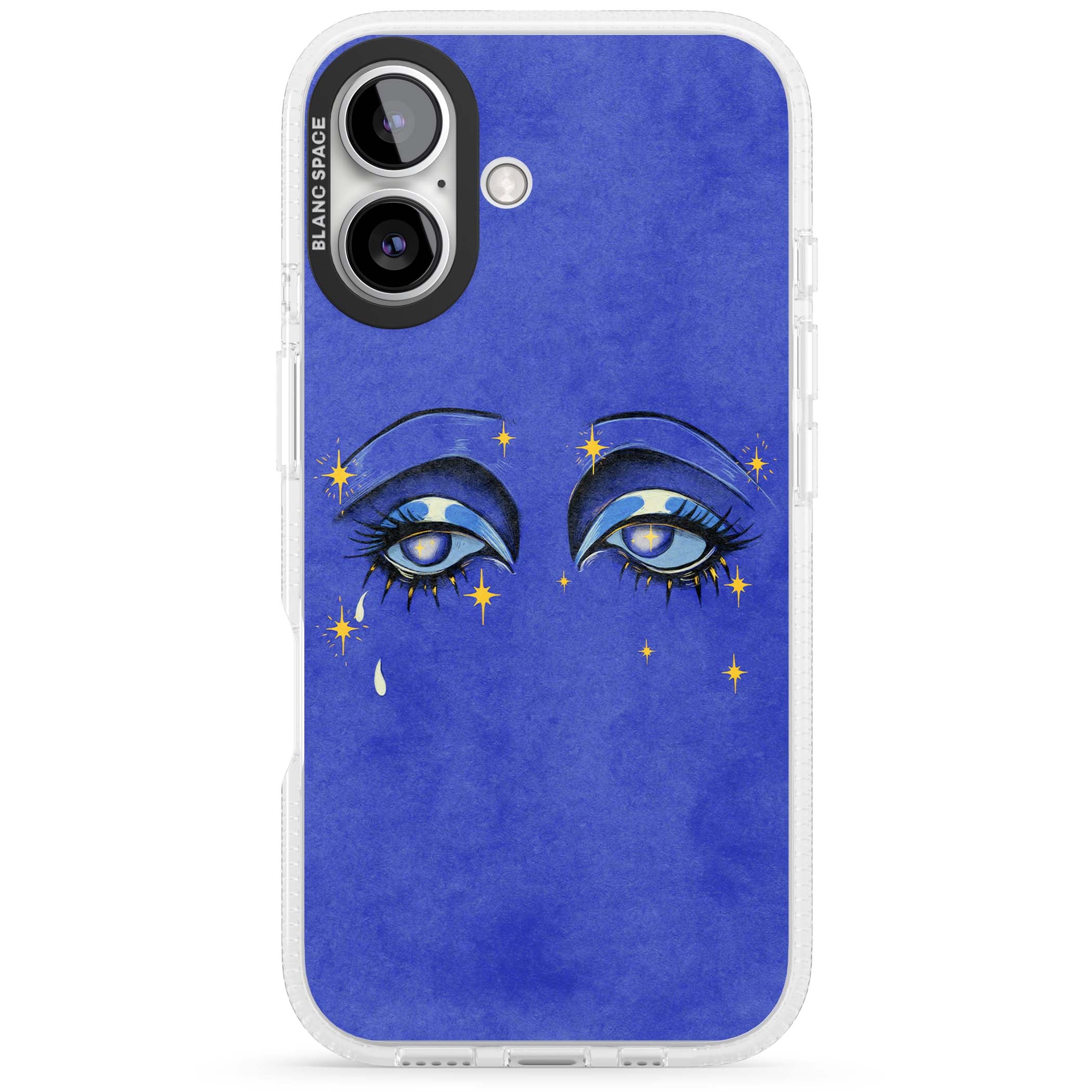 Blue Mystic Eyes celestial iPhone case featuring hand drawn blue mystical eyes, golden stars and a painted tear on indigo | Clear Case Impact Air case for iPhone 16, iPhone 16 Plus