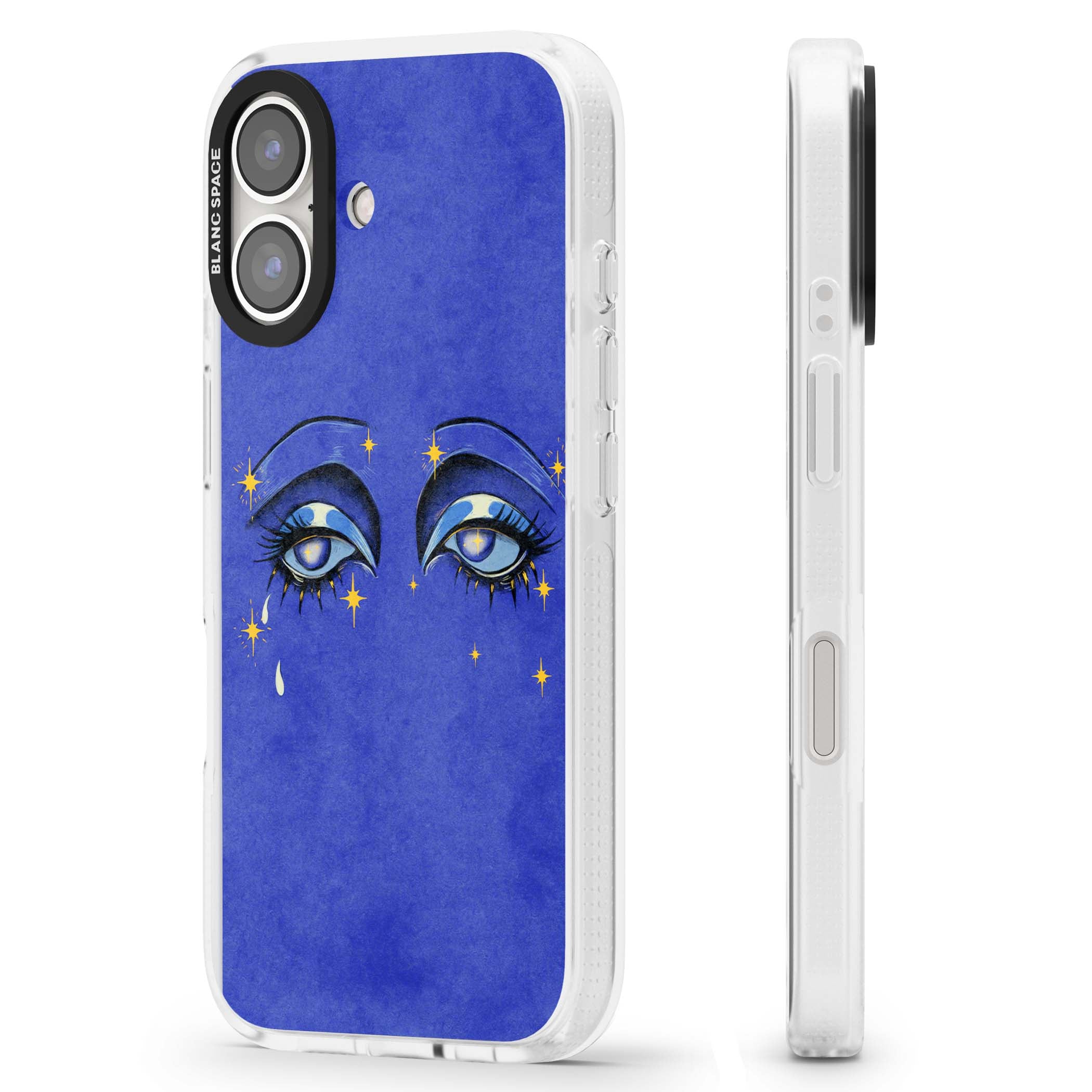 Blue Mystic Eyes celestial iPhone case featuring hand drawn blue mystical eyes, golden stars and a painted tear on indigo | Clear Case Impact Air case for iPhone 16, iPhone 16 Plus