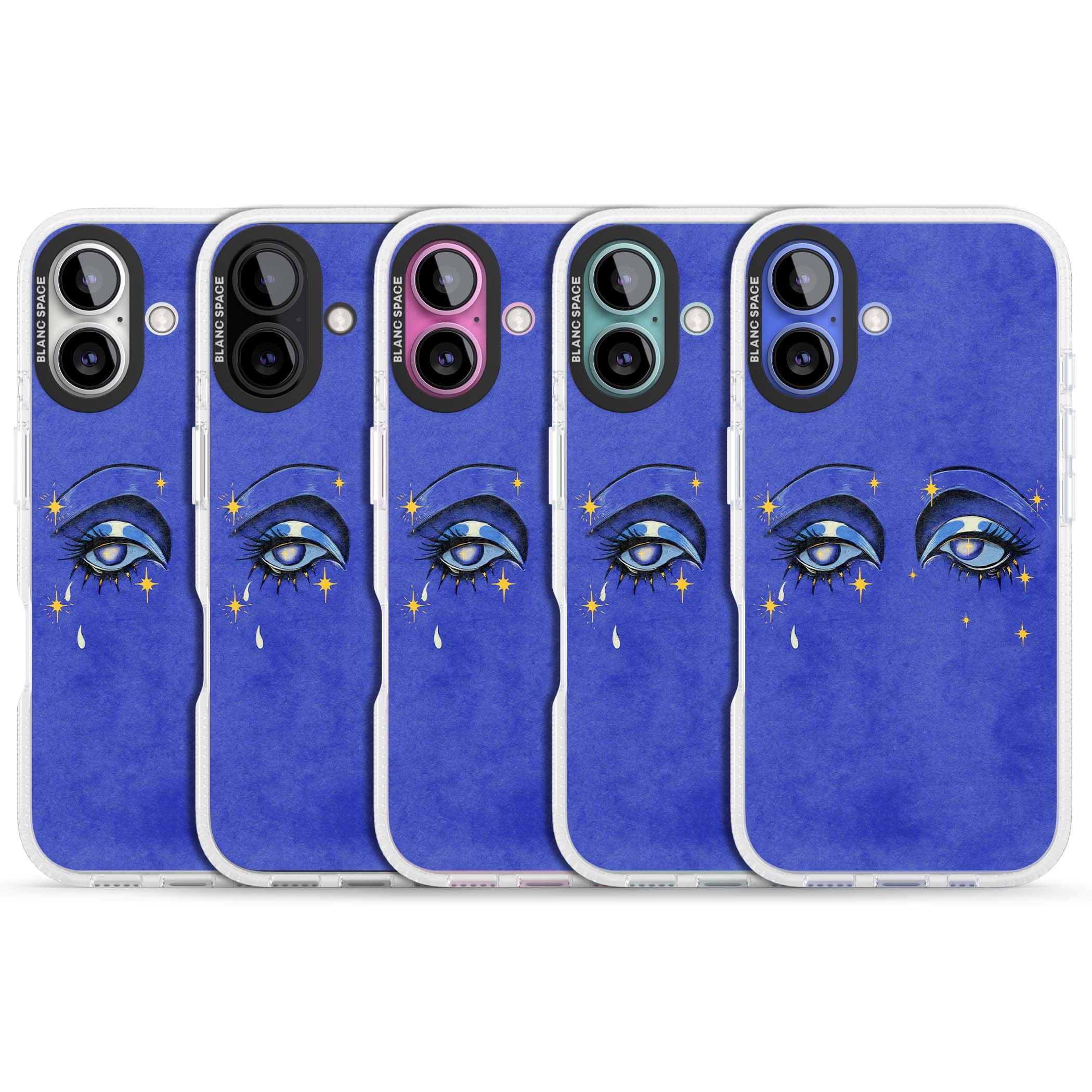 Blue Mystic Eyes celestial iPhone case featuring hand drawn blue mystical eyes, golden stars and a painted tear on indigo | Clear Case Impact Air case for iPhone 16, iPhone 16 Plus