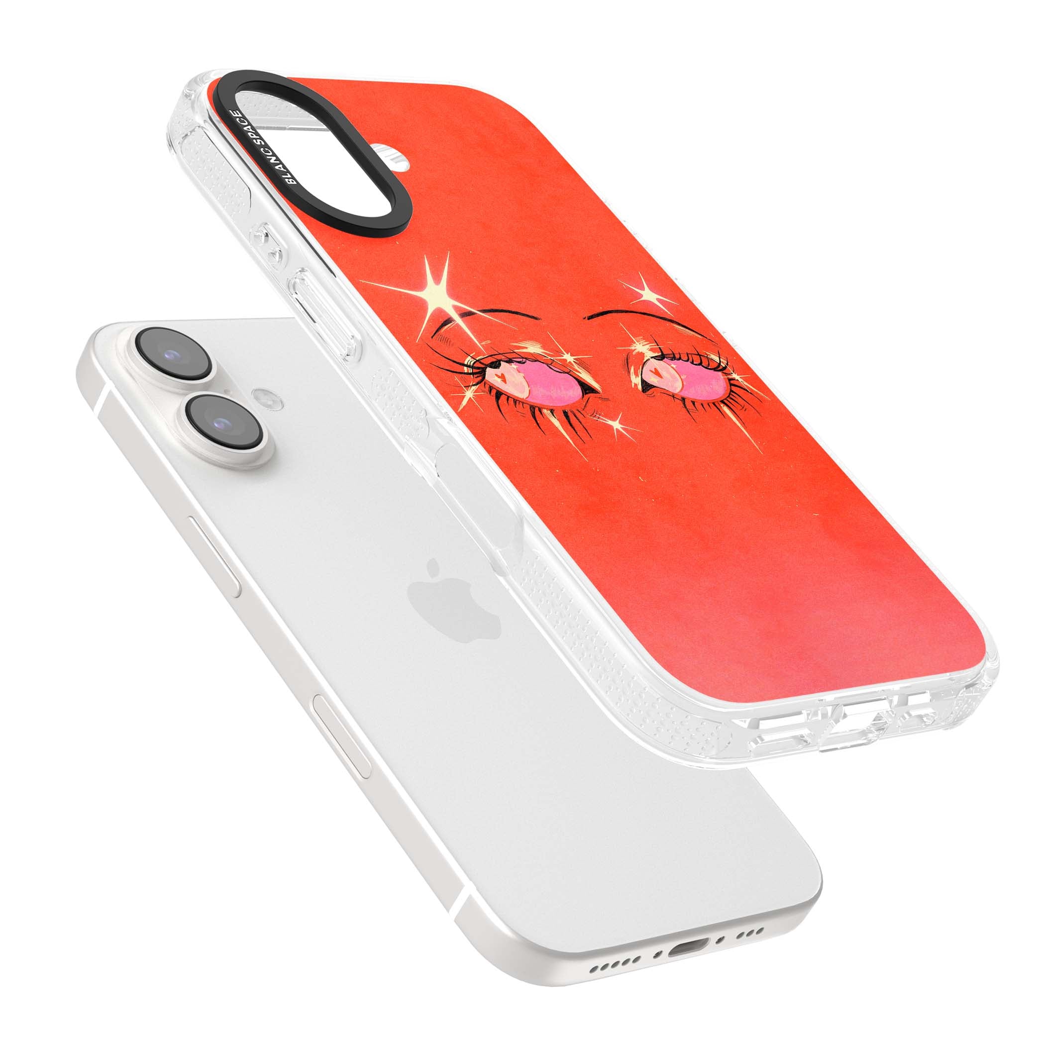 Pink Ethereal Eyes anime iPhone case featuring hand-drawn sparkly eyes with pink hearts and gold stars on red | Clear Case Impact Air case for iPhone 16, iPhone 16 Plus