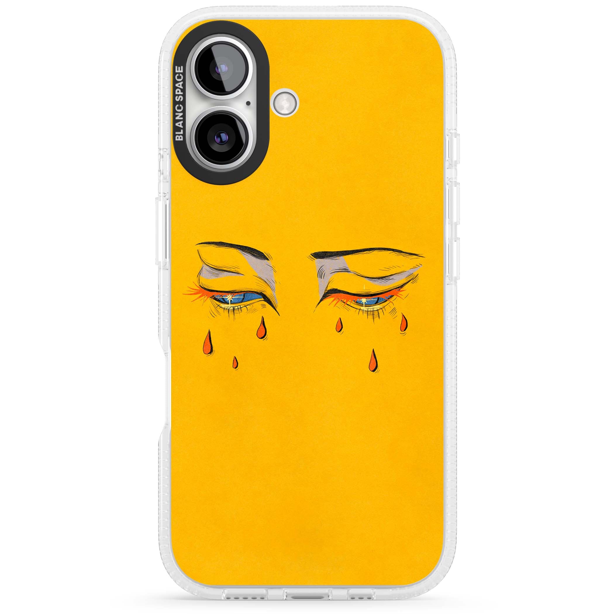 Yellow Tearful Eyes indie iPhone case featuring hand-drawn crying eyes with orange tears on a yellow background | Clear Case Impact Air case for iPhone 16, iPhone 16 Plus