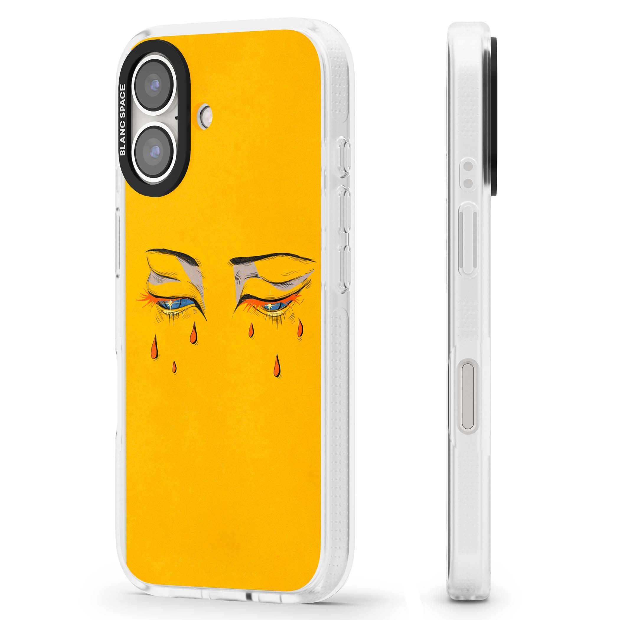 Yellow Tearful Eyes indie iPhone case featuring hand-drawn crying eyes with orange tears on a yellow background | Clear Case Impact Air case for iPhone 16, iPhone 16 Plus