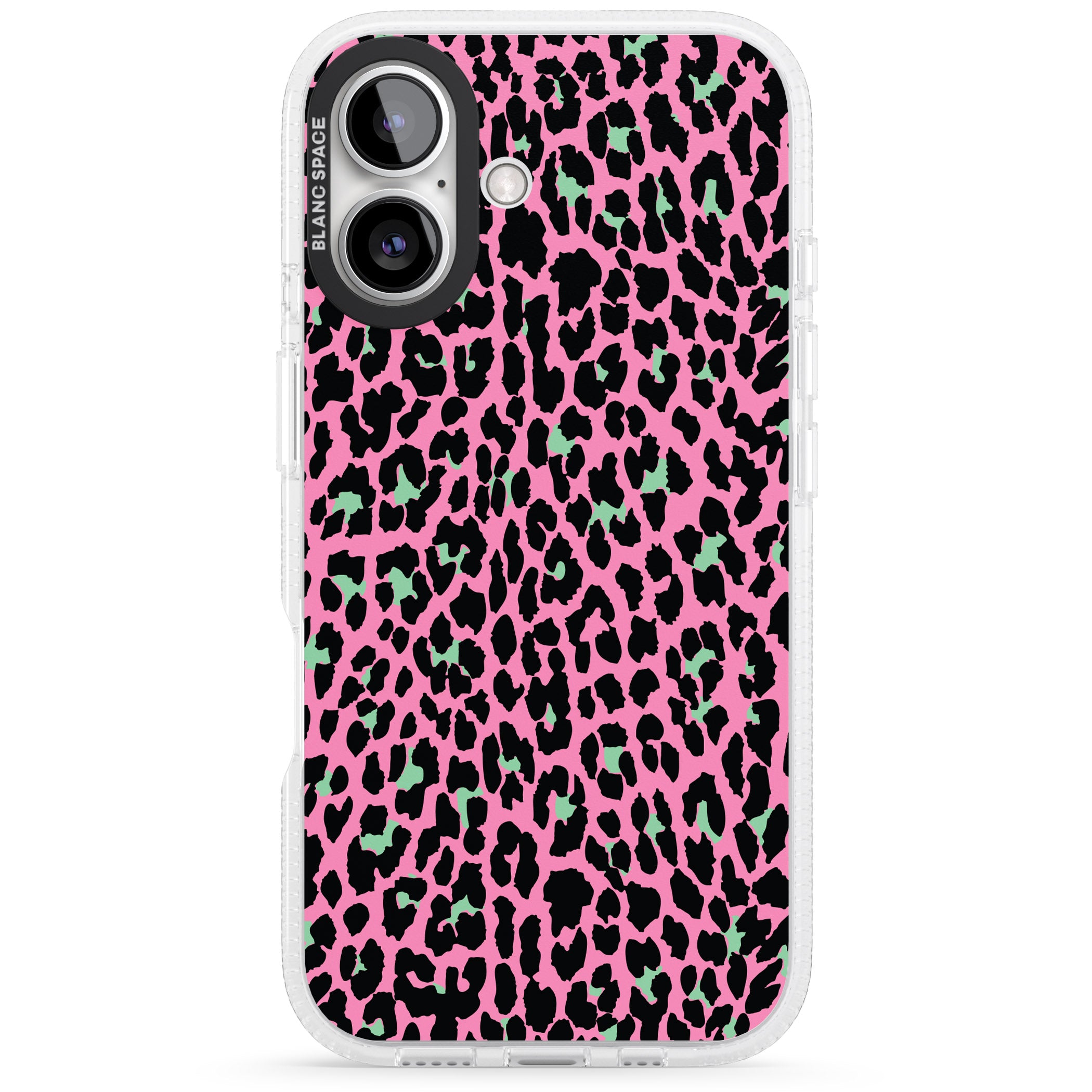 Green on Pink Leopard Print Pattern iPhone 16 / 16 Plus Clear Case Impact Air - Blanc Space