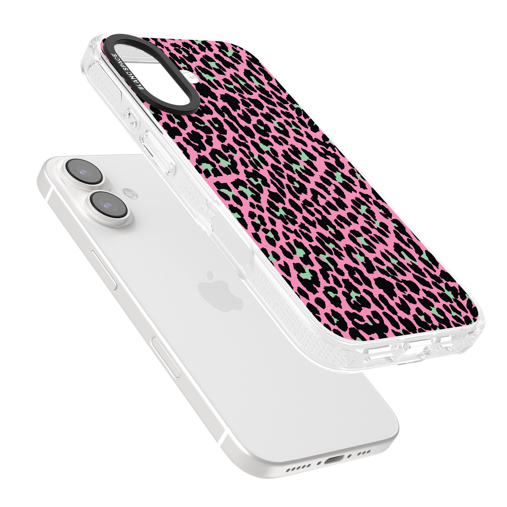 Green on Pink Leopard Print Pattern iPhone 16 / 16 Plus Clear Case Impact Air - Blanc Space