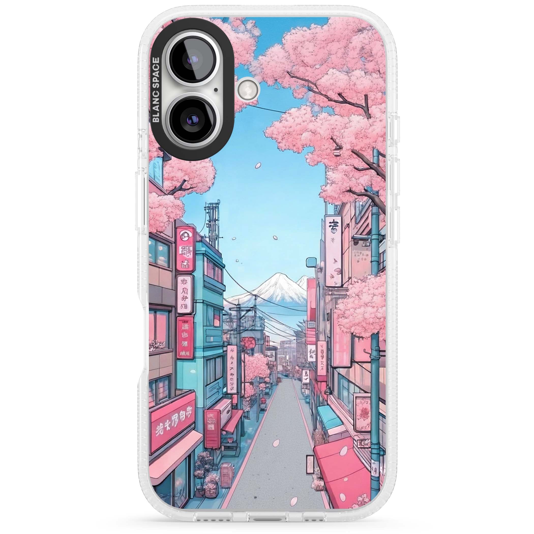 Sakura Lane anime iPhone case featuring Tokyo street scene with cherry blossoms and Mount Fuji | Clear Case Impact Air case for iPhone 16, iPhone 16 Plus