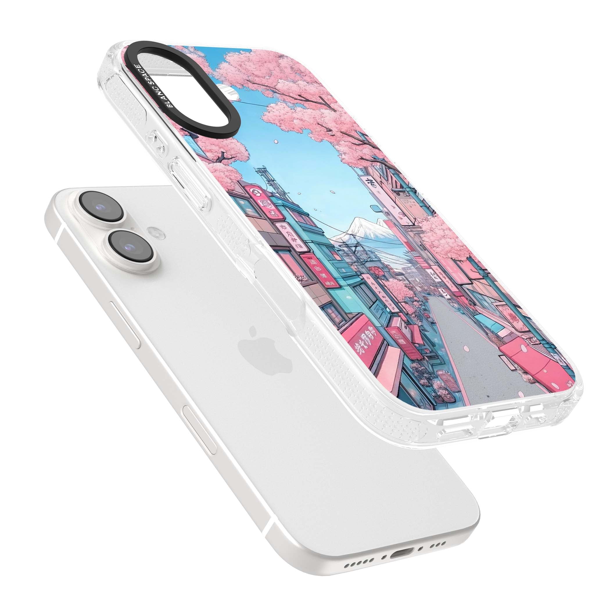 Sakura Lane anime iPhone case featuring Tokyo street scene with cherry blossoms and Mount Fuji | Clear Case Impact Air case for iPhone 16, iPhone 16 Plus