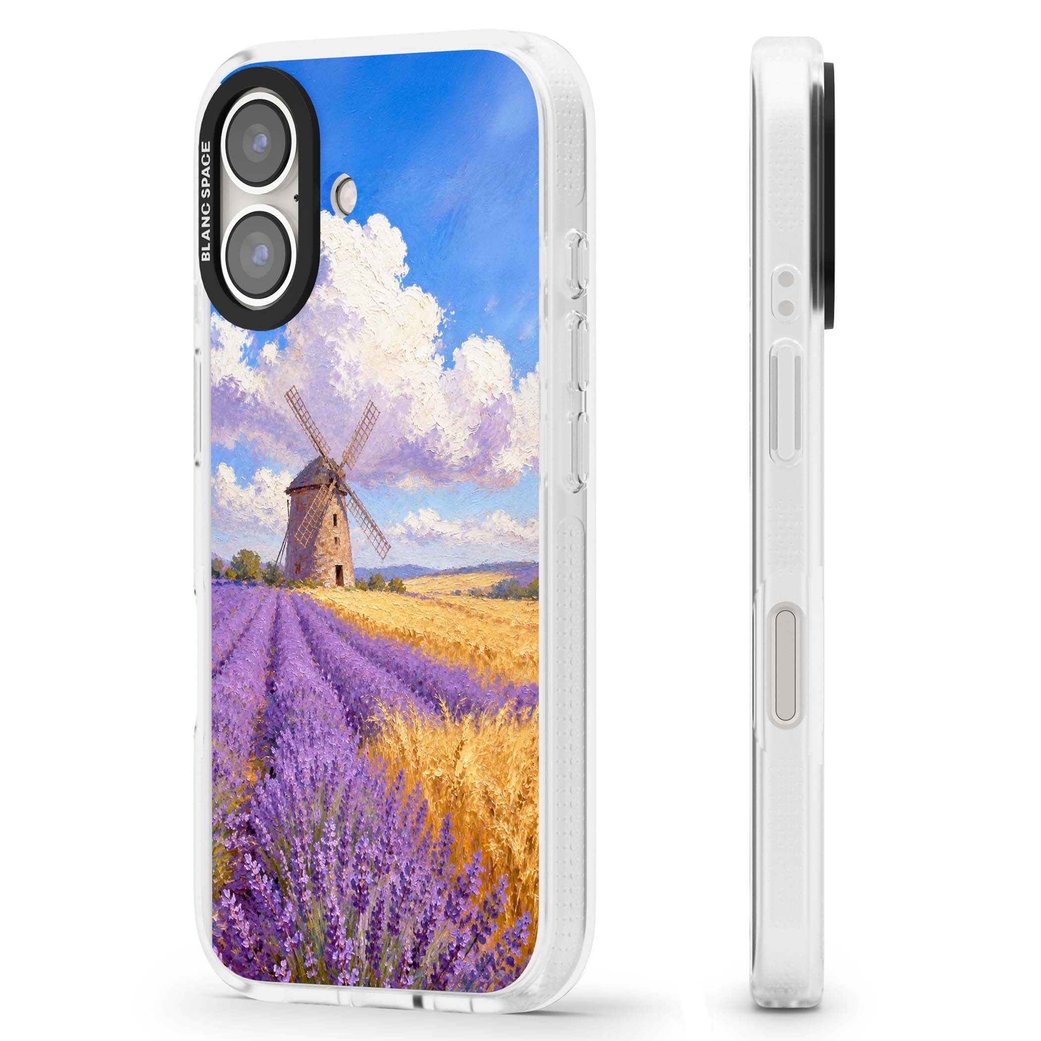 Lavender Mill cottagecore iPhone case featuring a French windmill, lavender field and golden wheat oil painting | Clear Case Impact Air case for iPhone 16, iPhone 16 Plus