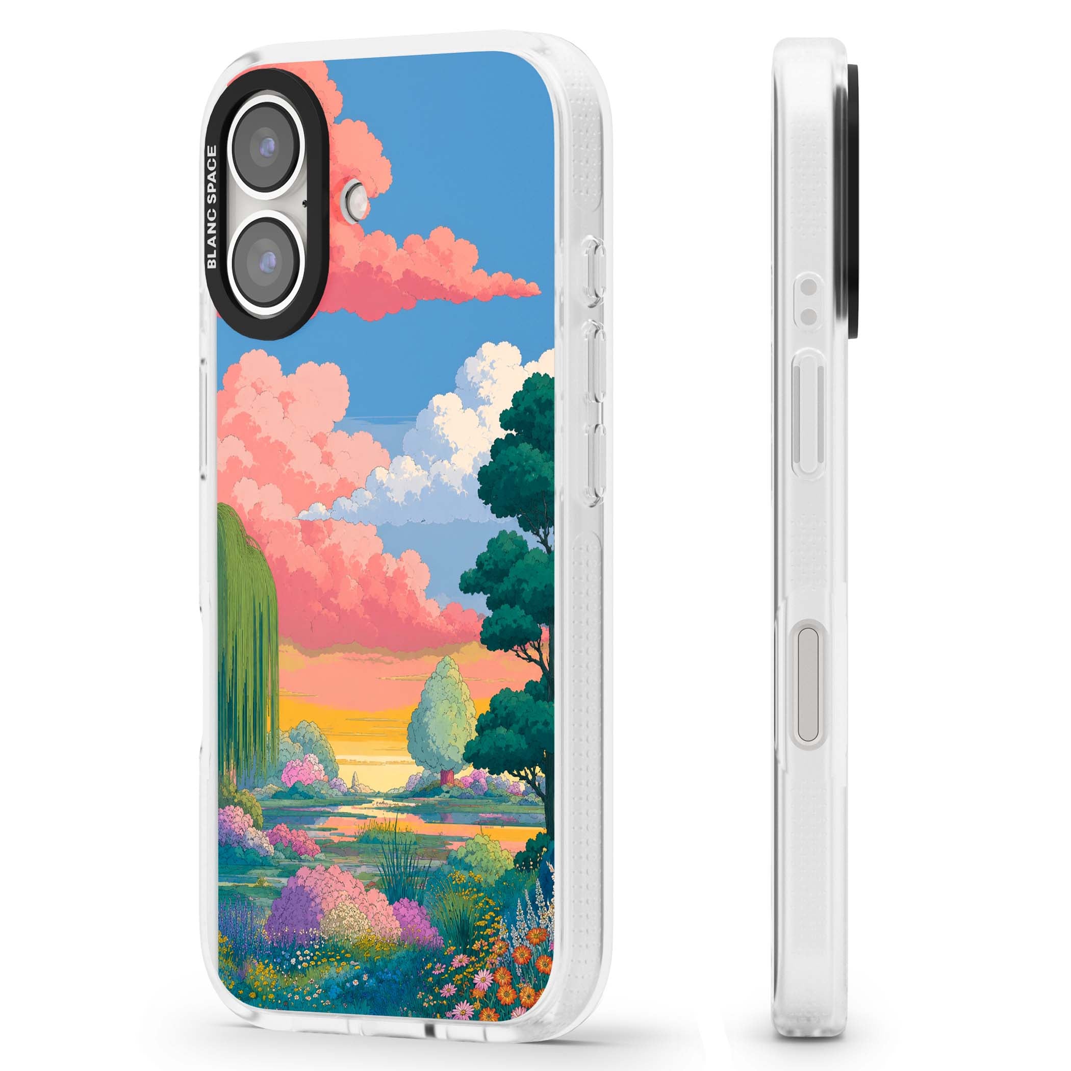 Dream Valley anime landscape iPhone case featuring pink sunset clouds, willow trees and wildflowers | Clear Case Impact Air case for iPhone 16, iPhone 16 Plus