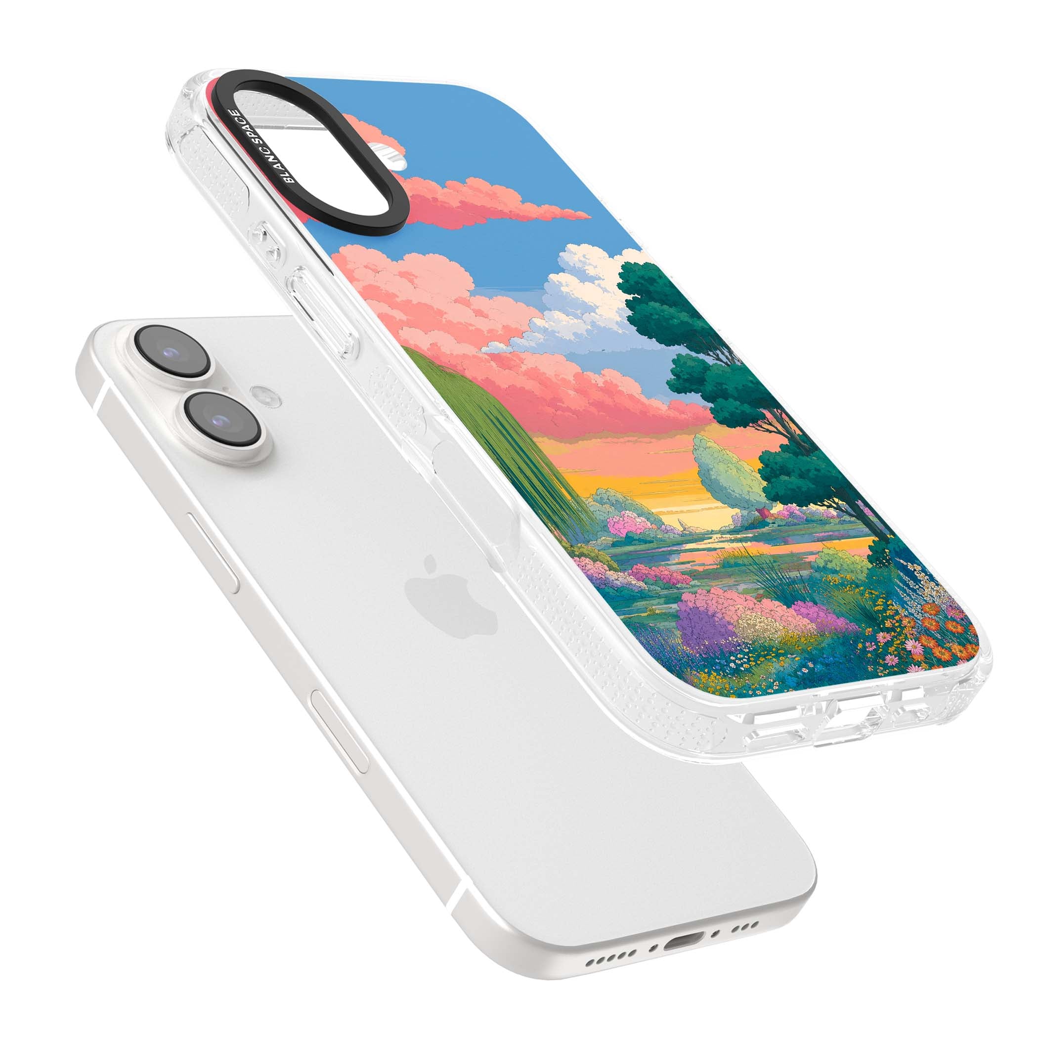 Dream Valley anime landscape iPhone case featuring pink sunset clouds, willow trees and wildflowers | Clear Case Impact Air case for iPhone 16, iPhone 16 Plus