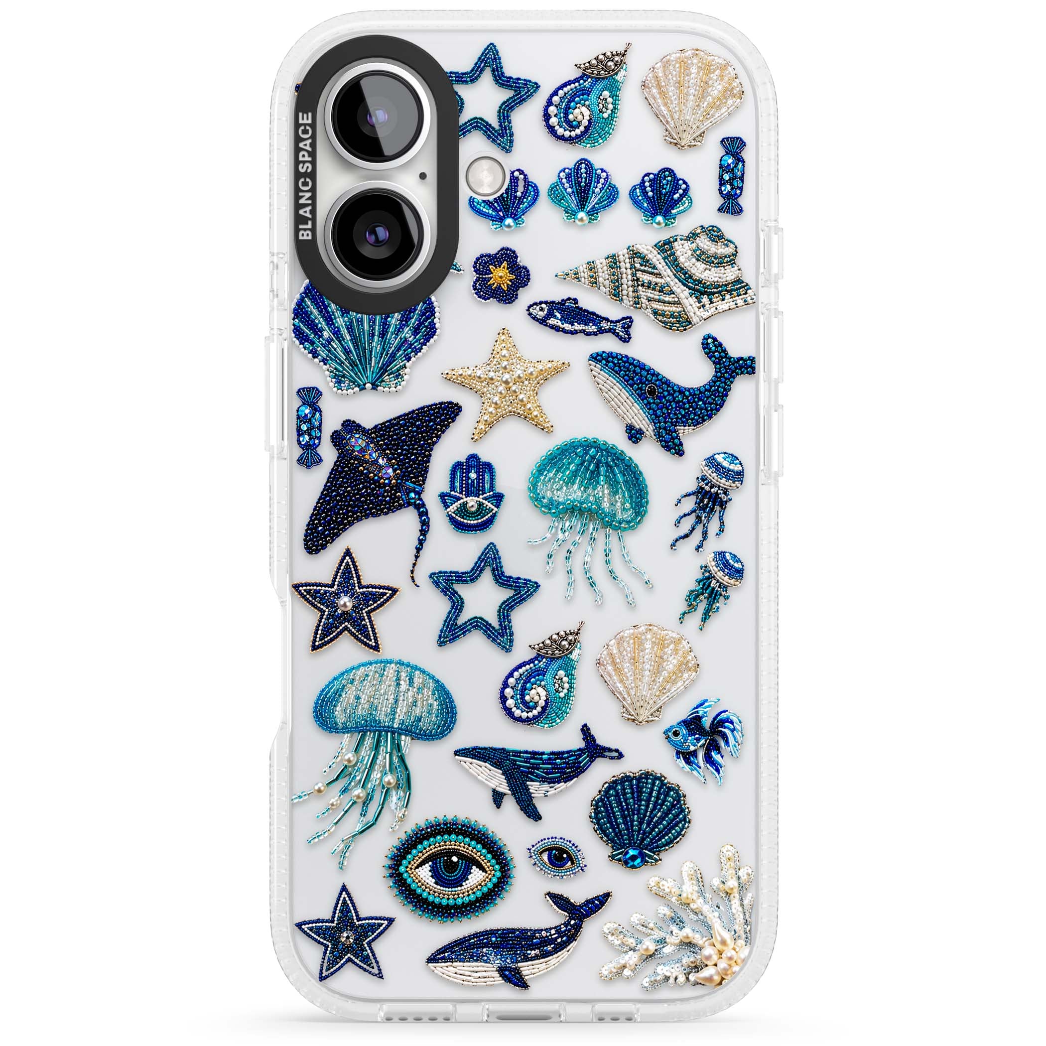 Beaded Coastal coastal iPhone case featuring embroidered seashells, jellyfish and a blue whale on clear | Clear Case Impact Air case for iPhone 16, iPhone 16 Plus