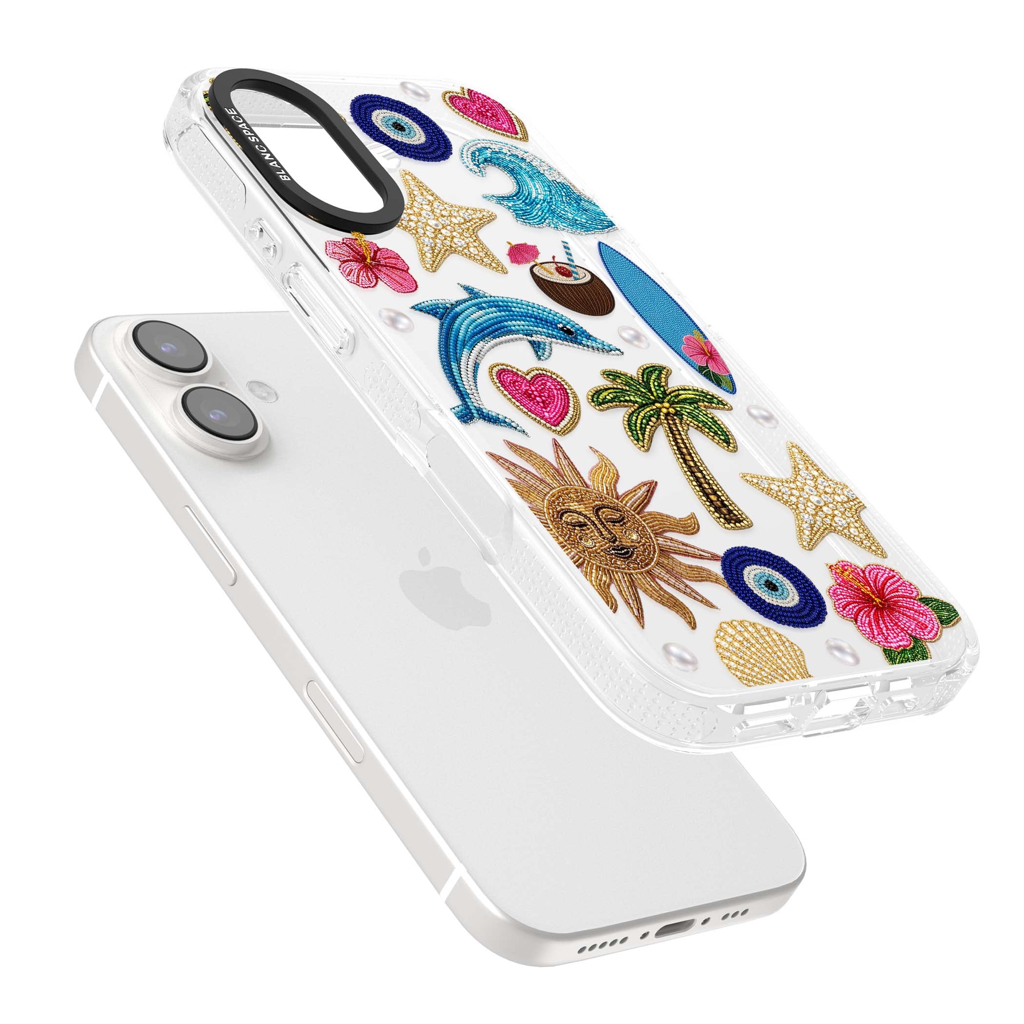 Beaded Beach coastal summer iPhone case featuring embroidered evil eye, hibiscus flowers, dolphin and palm tree patches | Clear Case Impact Air case for iPhone 16, iPhone 16 Plus