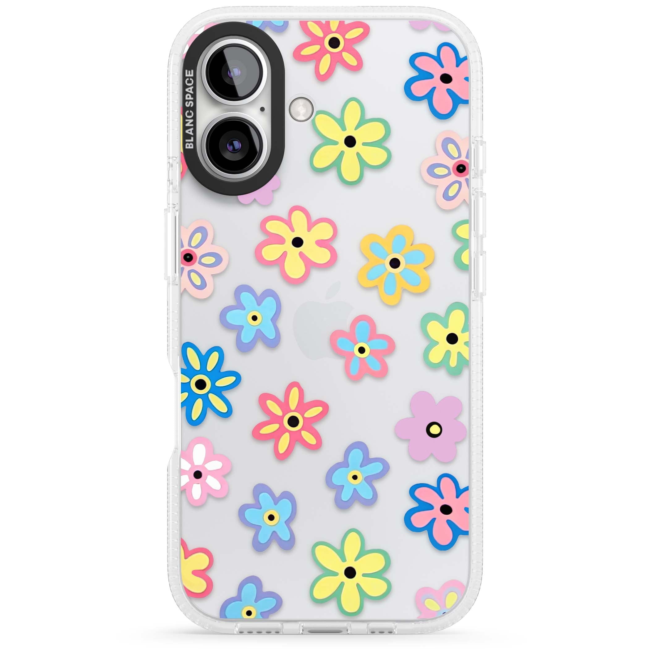 Bloom Pop cottagecore iPhone case featuring multicolor pastel flowers with black centers on clear background | Clear Case Impact Air case for iPhone 16, iPhone 16 Plus
